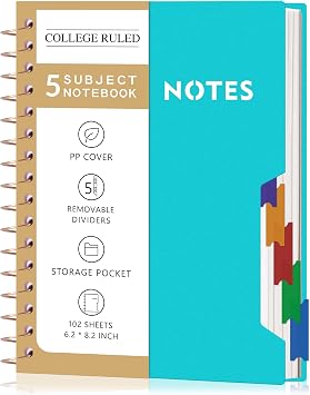 CAGIE Small Spiral Notebooks with Removable Dividers Tabs, 5 Subject Notebook College Ruled, A5 Notebooks for School Work with Plastic Cover, Back Pocket, Spiral Bound, Teal