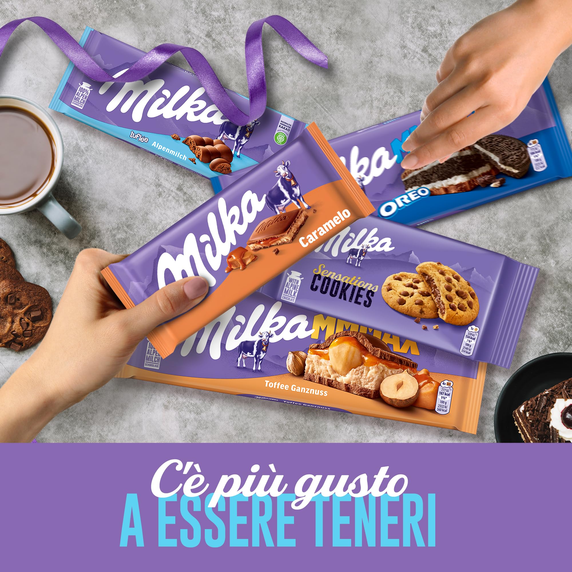 Milka Box (2 Cookie Sensations 156g, Tavoletta - 2 Oreo 300g, 1 Nocciole&Caramello 300g, 2 al latte con ripieno al caramello 100g, 1 Bubbly Latte Alpino 90g)