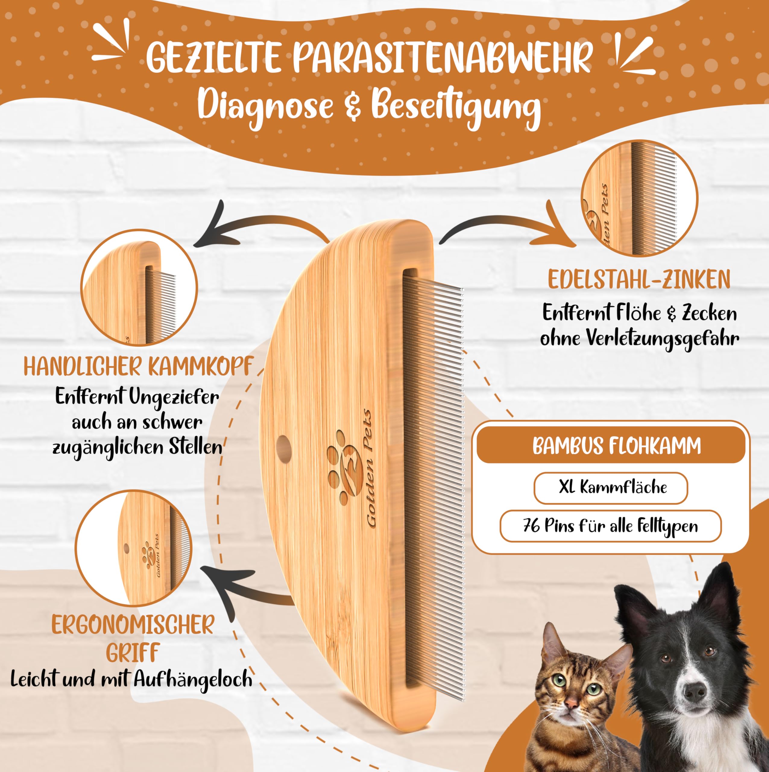 Golden Pets Bambus Flohkamm I Entfernt Flöhe bei Hunde & Katzen I Läusekamm, Staubkamm, Haustierkamm, Zeckenbürste, Nissenkamm + E-Book Pflegehandbuch