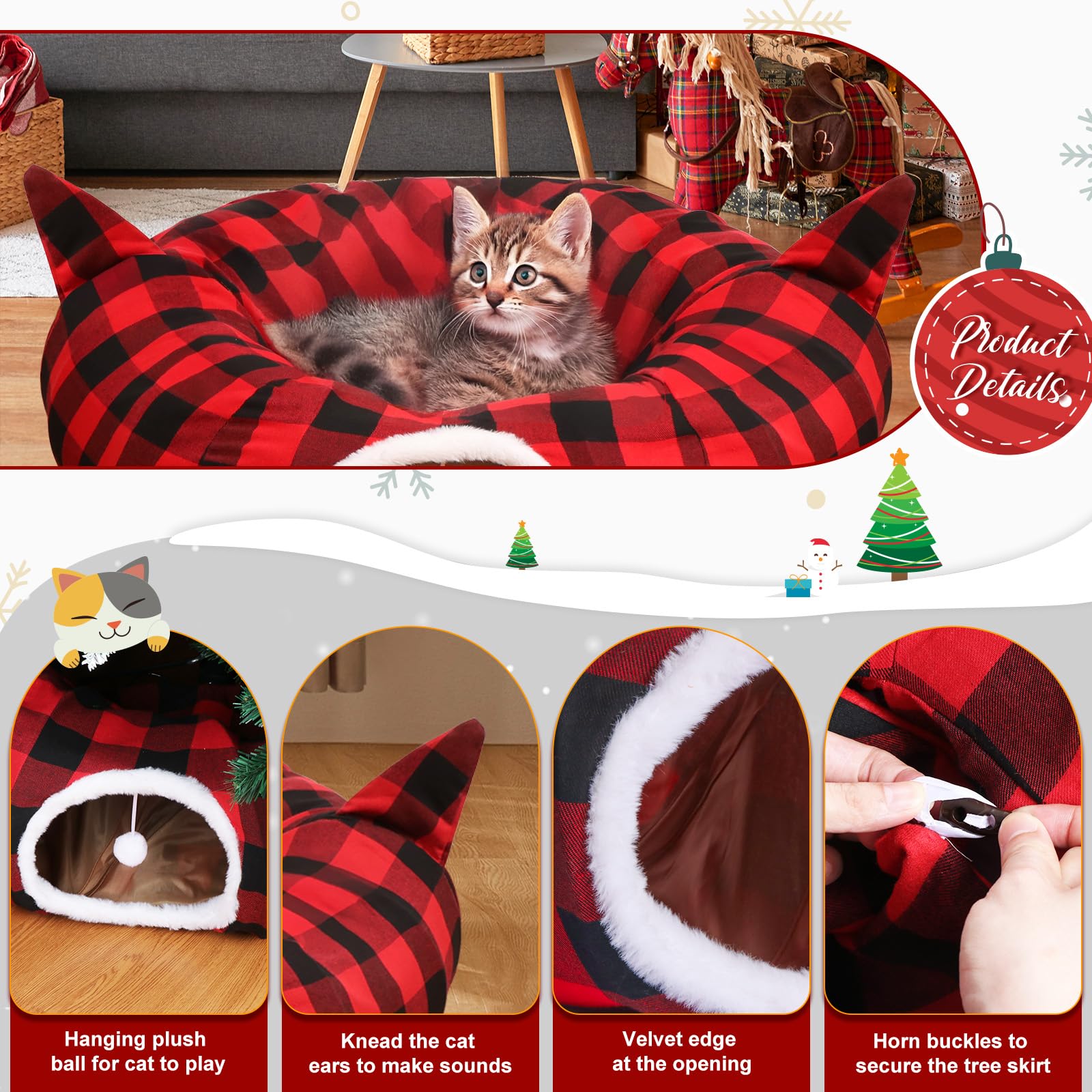 OurWarm Katzentunnel mit Weihnachtsbaumrock, Katzenbetten für Indoor-Katzen mit hängendem Ball, Büffelkariert, Weihnachtsdekorationen, Katzenhöhle für Katzen und Kleintiere, Innen- und