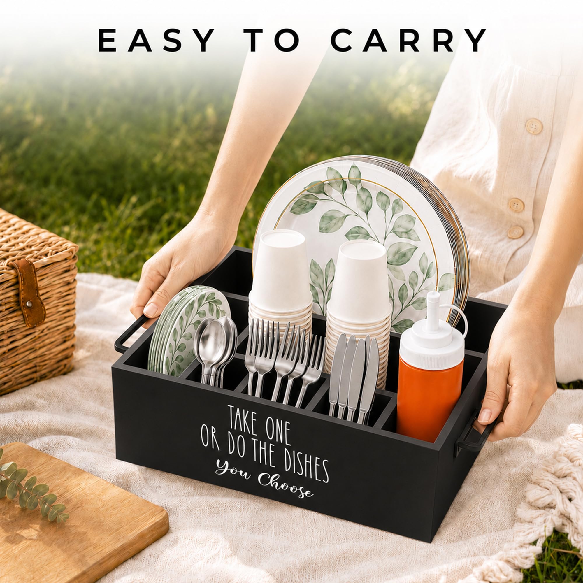 Soporte para platos de papel, organizador de cubiertos de plástico, dispensador de utensilios de plástico para fiestas, bufés, camping, barbacoa, cuchara, tenedor, cuchillos, platos, vasos