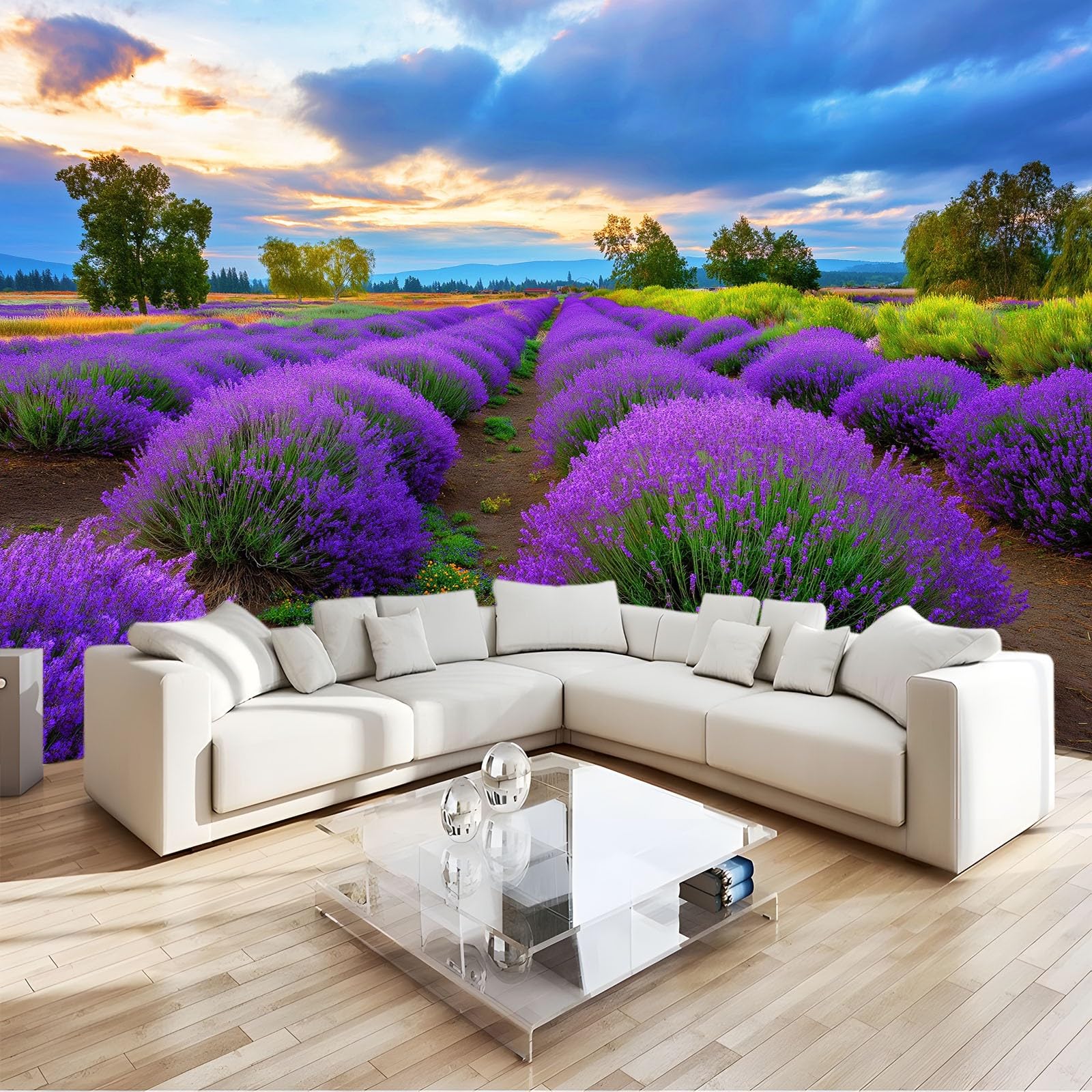 Générique Panoramiczna tapeta w stylu wiejskim rośliny lawendowe pola kwiaty fioletowe, tapeta z włókniny 3D, do pokoju dziecięcego i salonu, dekoracja ścienna XXL 350 x 256 cm