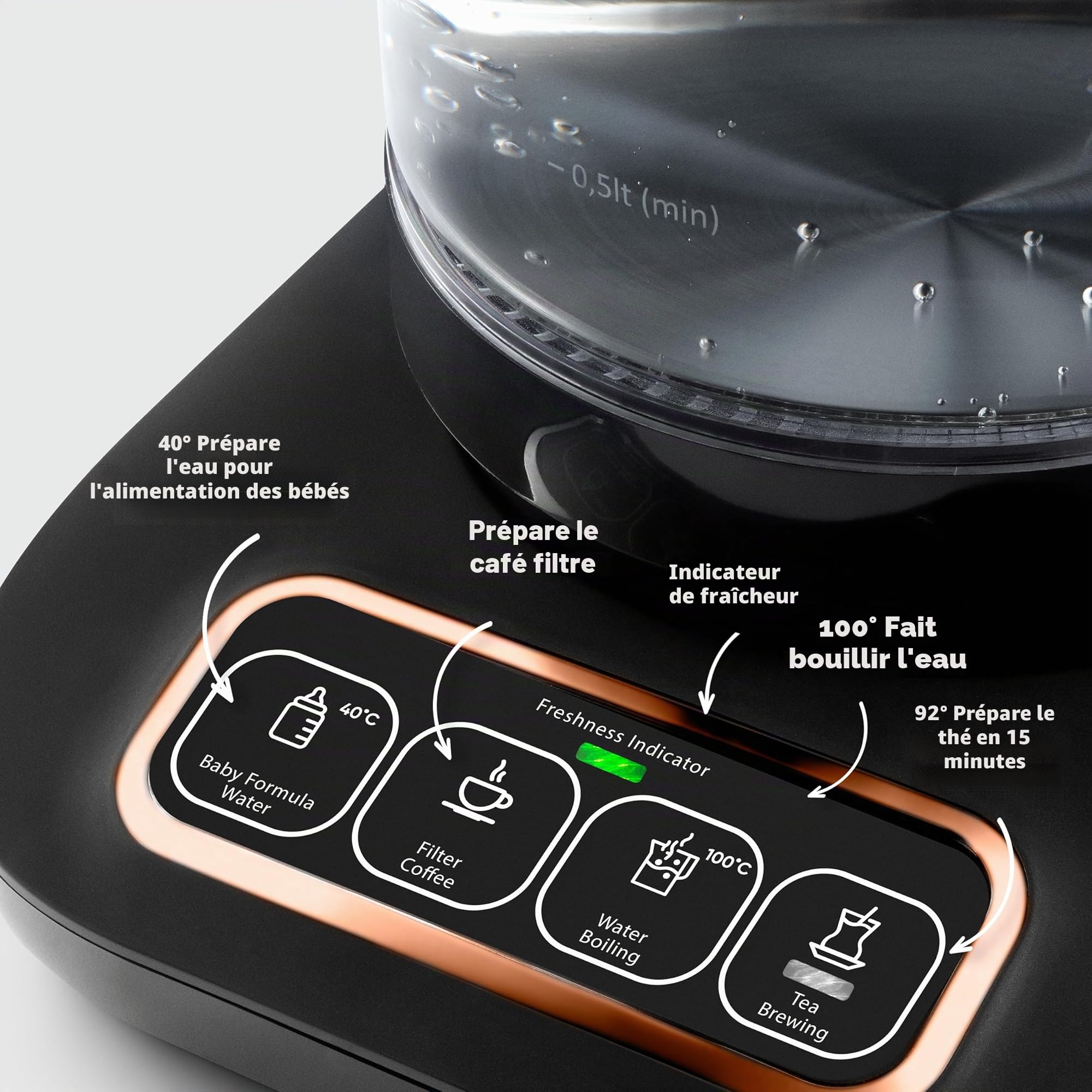 Karaca Bouilloire Robotea Pro 4 en 1 automatique et parlante Bouilloire et cafetière filtre 2500W, Black Copper