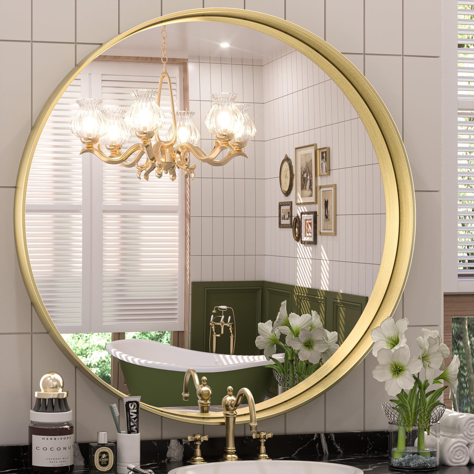 Keonjinn Gold Round Mirror 30 Inch Metal Framed Gold Bathroom Mirror for Wall, Modern Brushed Gold Circle Bathroom Vanity Mirror, Large Decorative Wall Mirror, Farmhouse Mirror for Entryway, Bedroom