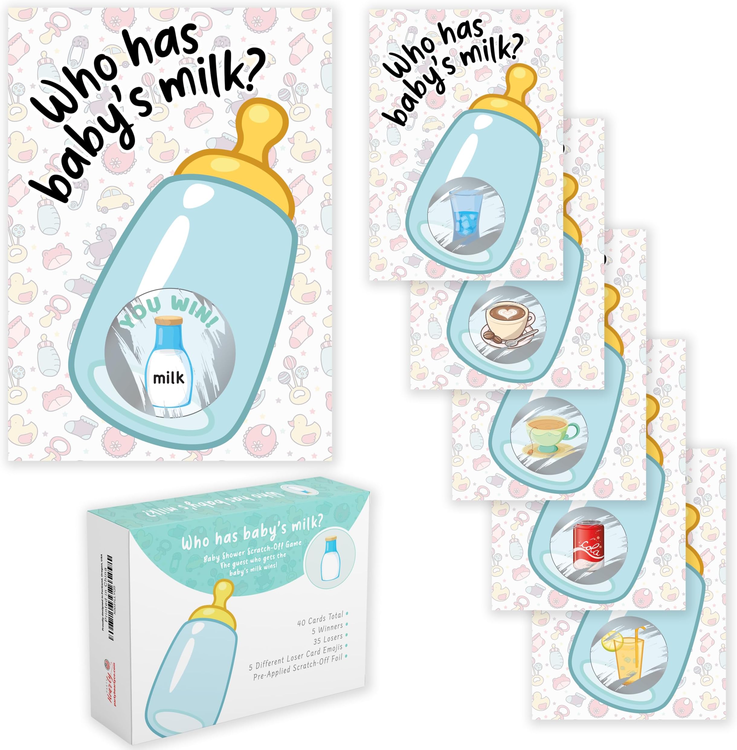 Party HeartyBaby Shower Games 40 Raffle Cards, Who Has Baby's Milk Emoji Scratch Off Lottery Tickets, 5 Winners 5 Different Loser Card Designs, Gender Neutral, Activity for Ice Breakers, Door Prizes