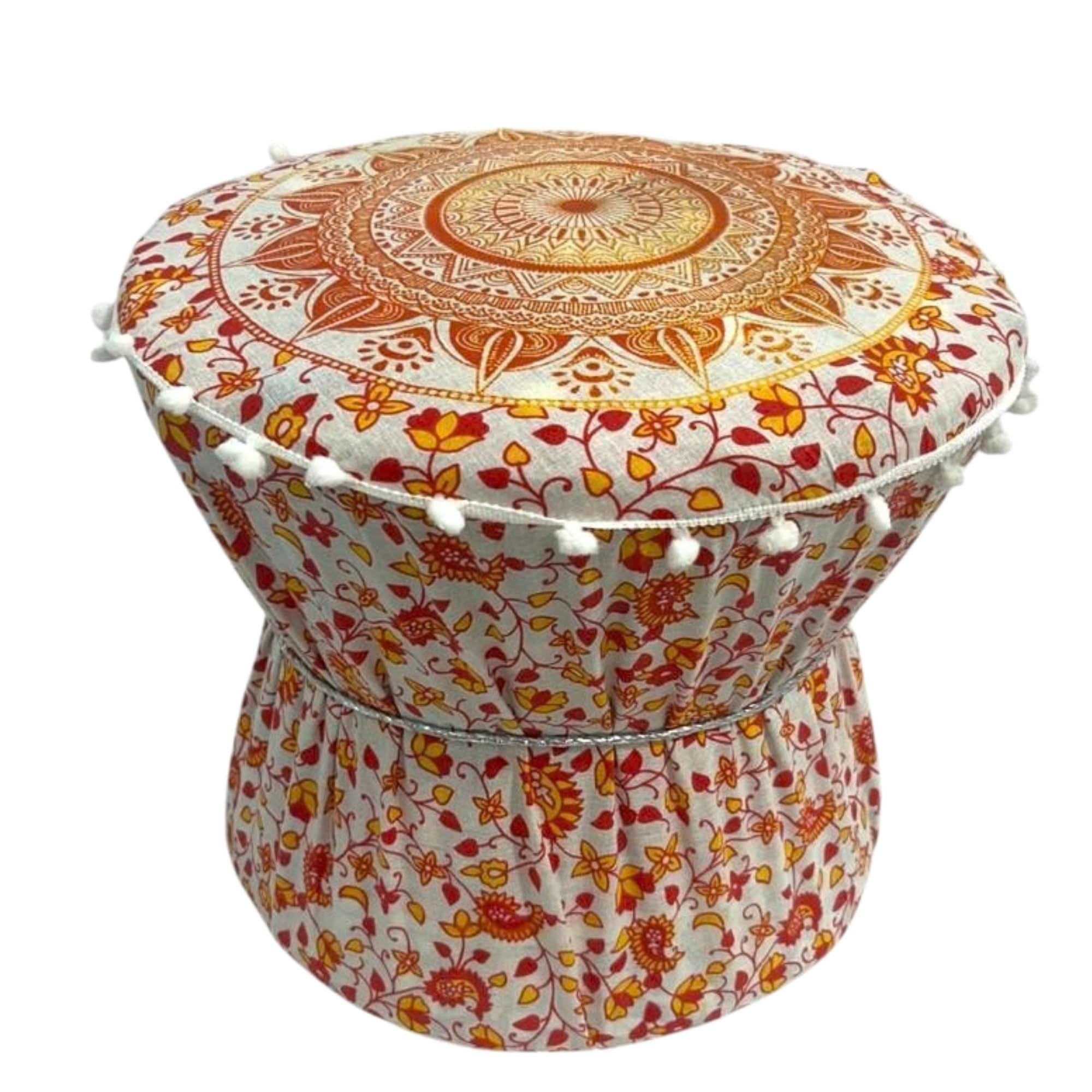 Orange & White Boho Pouffe Ottoman Muda Cover Round Mandala Print Cotton Footstool Set of 1 Pieces Mudda Cover ONLY-image-45