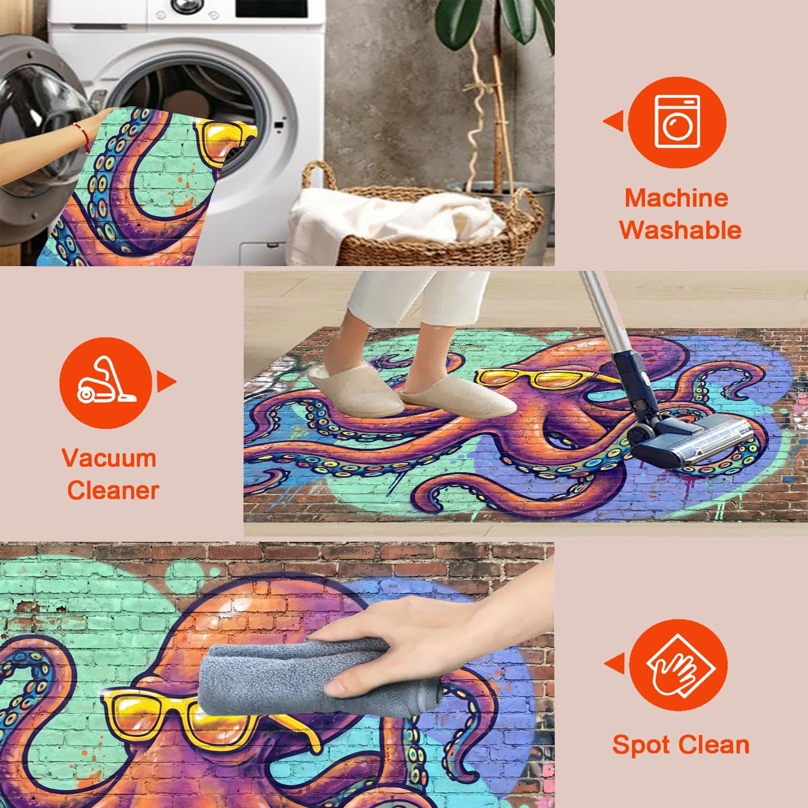 Tapis Rond Mur De Briques Pieuvre 120cm | Art De Graffiti sur Mur De Briques Rond Tapis Doux Résistant, Lavable Antidérapant pour Chambre à Coucher Salle à Manger