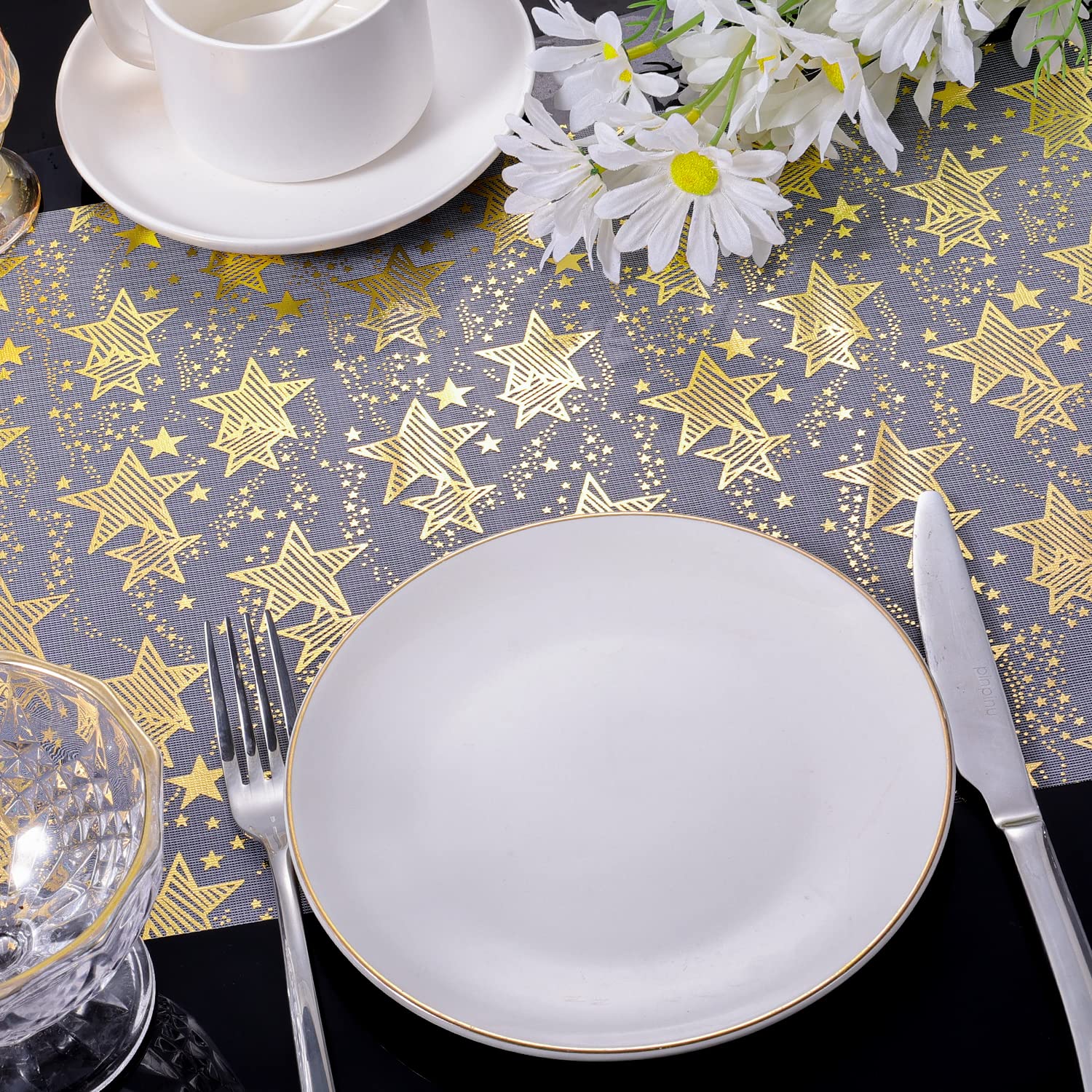 Red Carpet Gold Star Spotlight Table Runner - 13x36 Inch Movie Night Party Decor