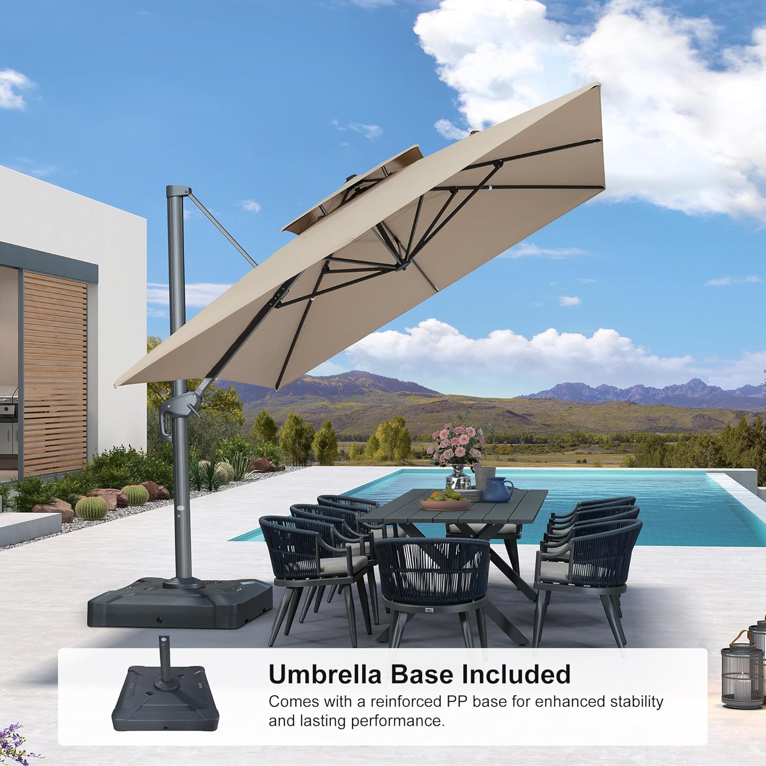 PURPLE LEAF 10' x 13' Cantilever Patio Umbrella Outdoor Umbrella with 330lbs Base Large Rectangular Windproof Offset Umbrella for Pool Deck Garden, Sand Dune