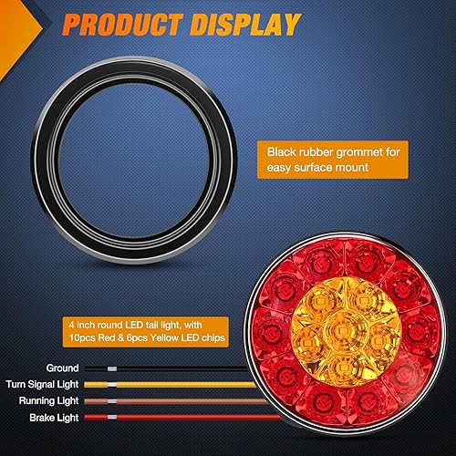 Miniatura 3 de Nilight 2 luces traseras LED redondas ámbar rojo de 4 pulgadas, 16 luces LED con ojales de montaje empotrado IP67, impermeable, señal de frenado,