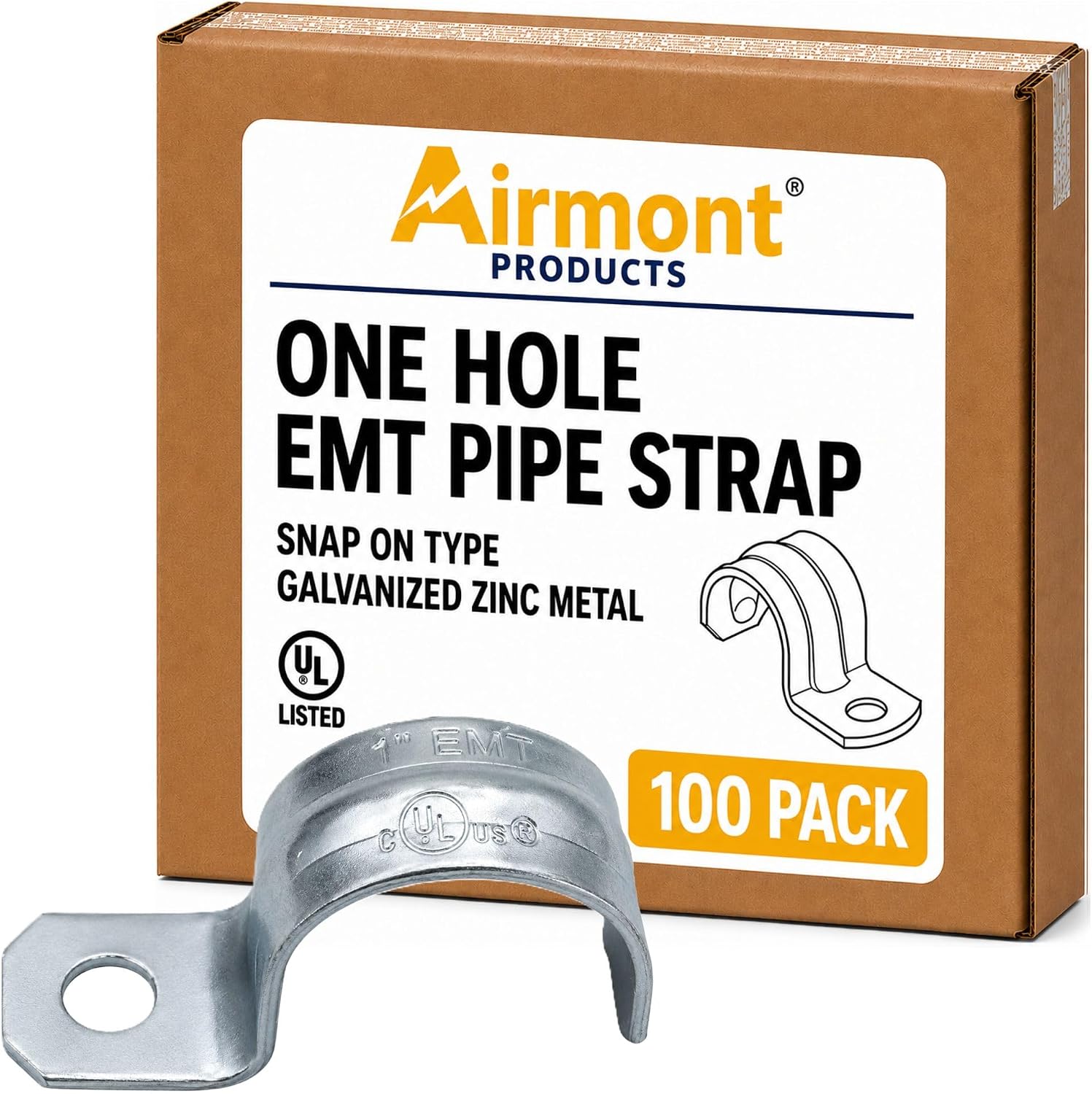 (Pack of 25) Airmont Products AP-10556, One Hole EMT Pipe Strap for Conduit Installation, 2 Inch Trade Size, Snap-On Type, Reinforced Rib for Extra Strength, Galvanized Zinc Plated Metal