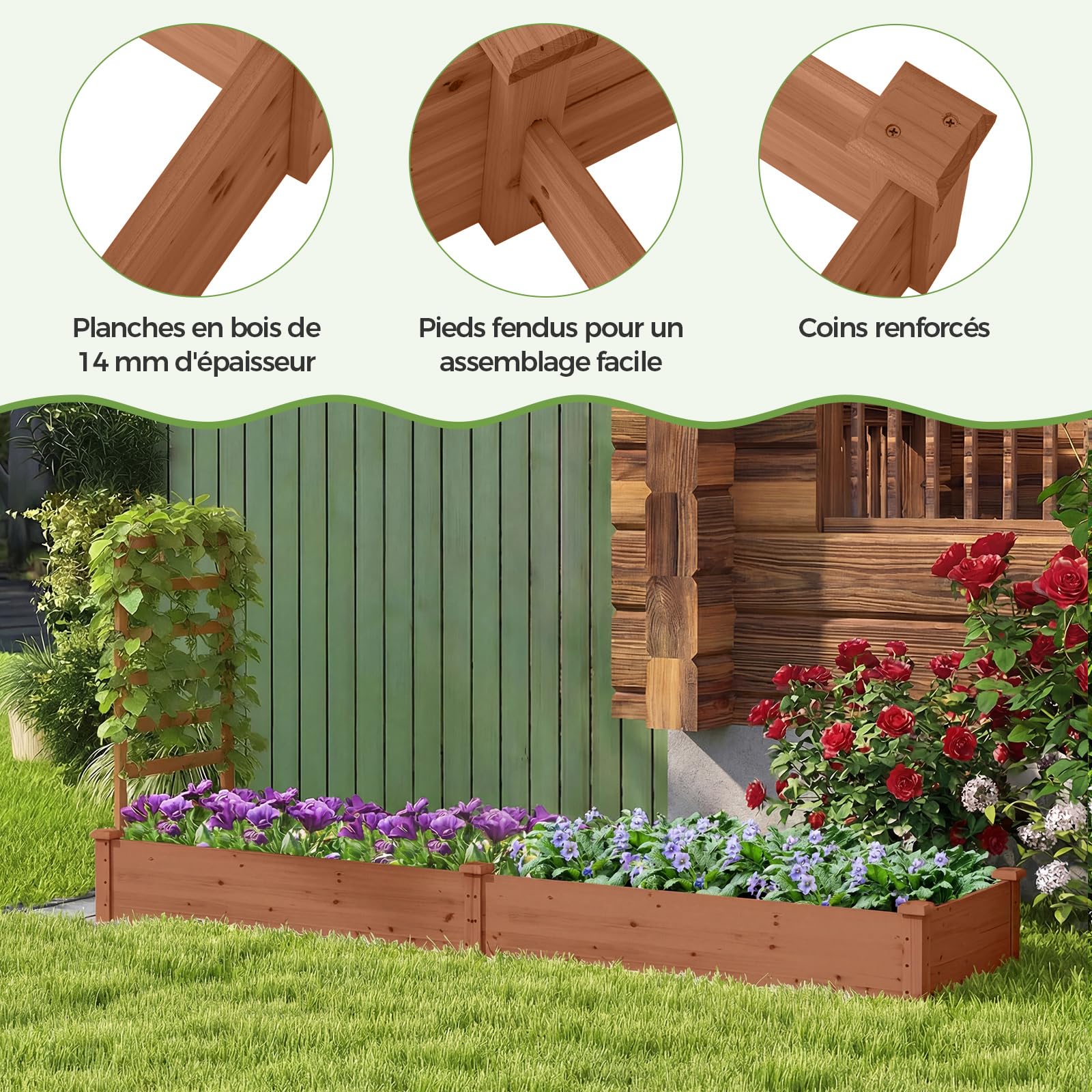 GOPLUS Carre Potager avec Treillis, 235x63x102 CM, Jardinière en Bois avec Fond Ouvert pour Fleur, Légume, Herbe Grimpante, Bac à Plantes, Assemblage DIY, Potager Exterieur pour Jardin, Patio, Balcon