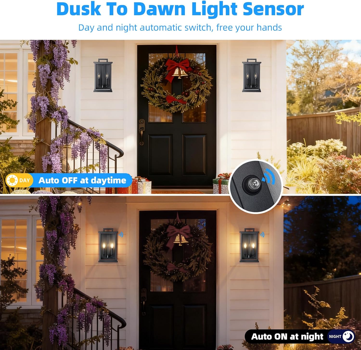 Dusk to Dawn Modern Outdoor Wall Lights,Medium Modern Outdoor Lanterns for Patio,Front Door,Garage,Waterproof Porch Light Fixture,Black Exterior Wall Sconce Light Fixtures E12 Base,1 Pack