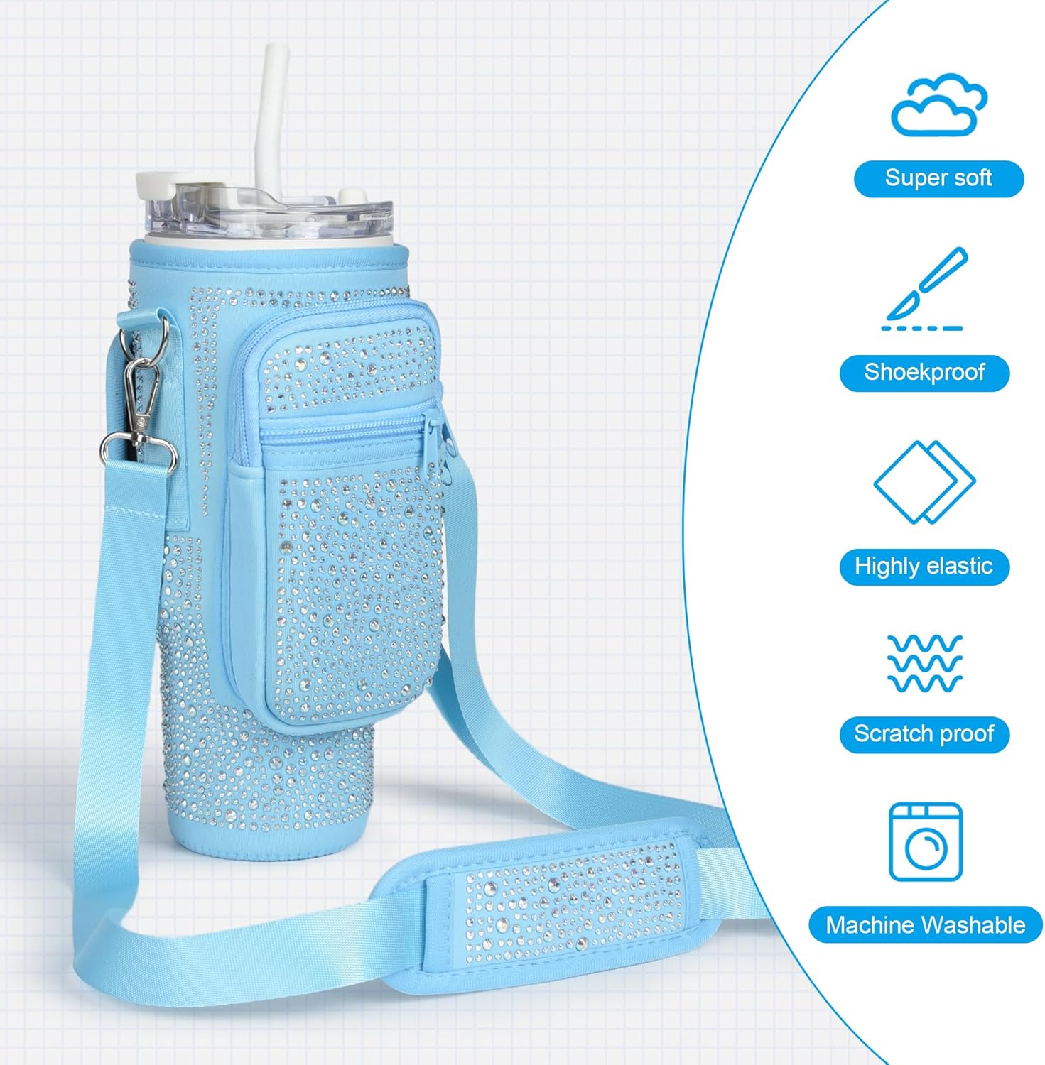 Bling Diamond Water Bottle Carrier Bag with Phone Pocket for Stanley 40/30 oz Tumbler with Card Holder,Neoprene Water Bottle Holder Pouch with Adjustable Strap for Stanley Cup Accessories