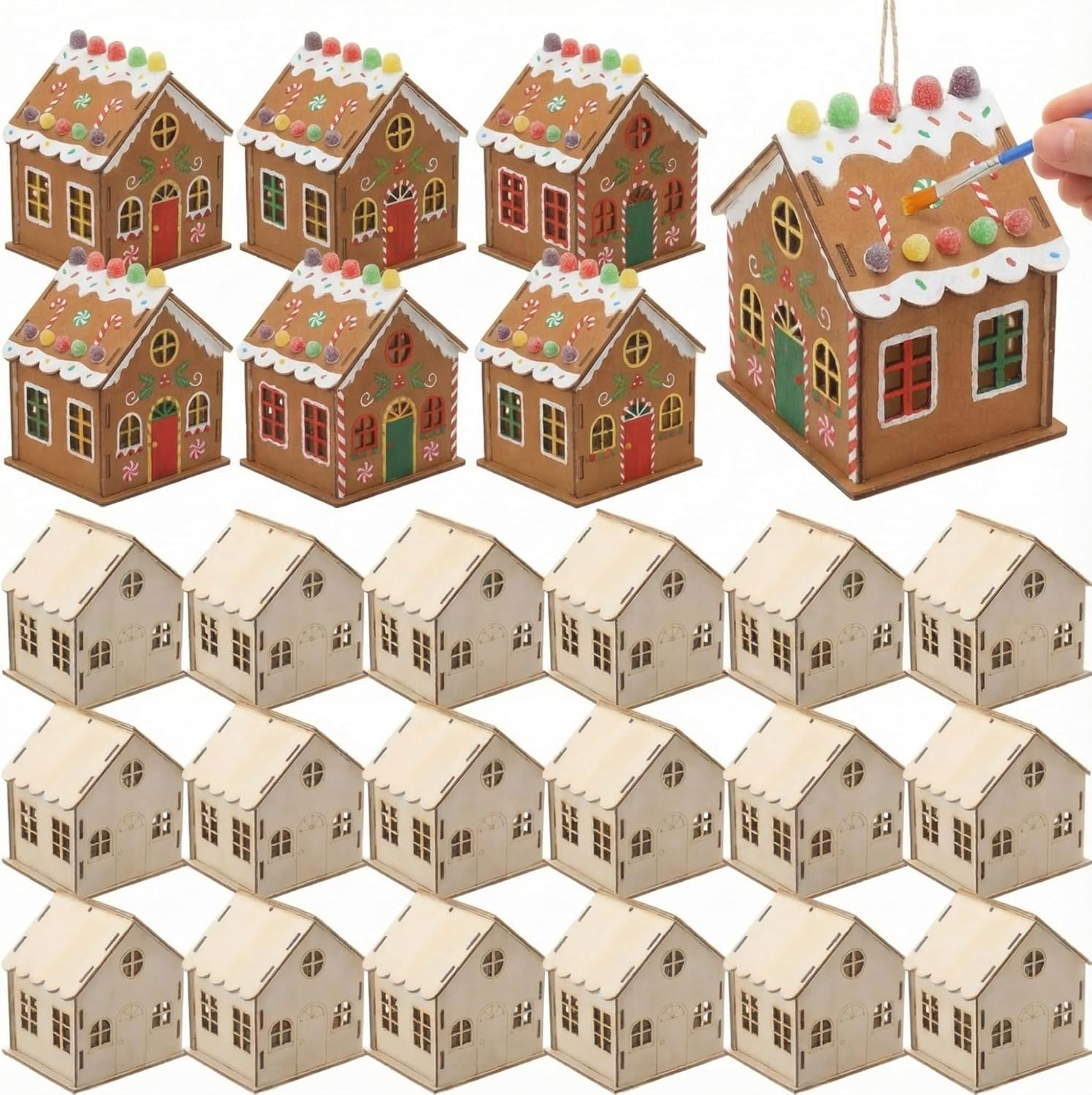 36 Pack Wooden Gingerbread House DIY Craft Kit for Kids with Hanging Twine Hollow Windows Laser Engraving Pattern Art Christmas Village House Set for Xmas Winter Gift Holiday Party Decor