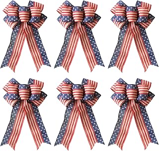 Cintago 6 pcs Patriotic Bow for 4th July Decorations, Burlap Patriotic Wreath Bow, Patriotic Party Supplies, Memorial Day Red Beige and Blue Star Bow (8x12.5 inches)â€¦