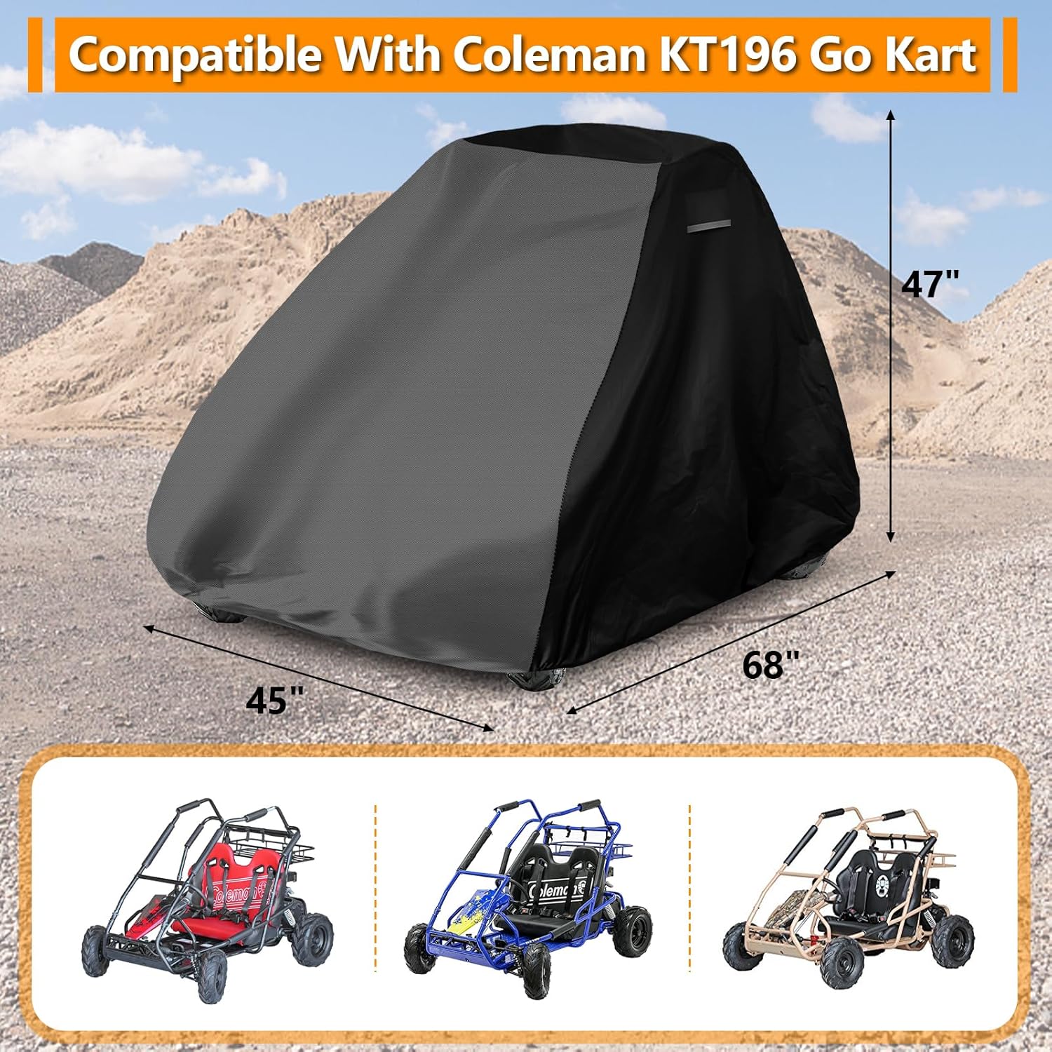 Go Kart Covers for Coleman KT196, 2 Seat Gogart Cover, Heavy Duty 420D Oxford Waterproof Go Kart Accessories with Air Vent, 68" L x 47" H x 45" W