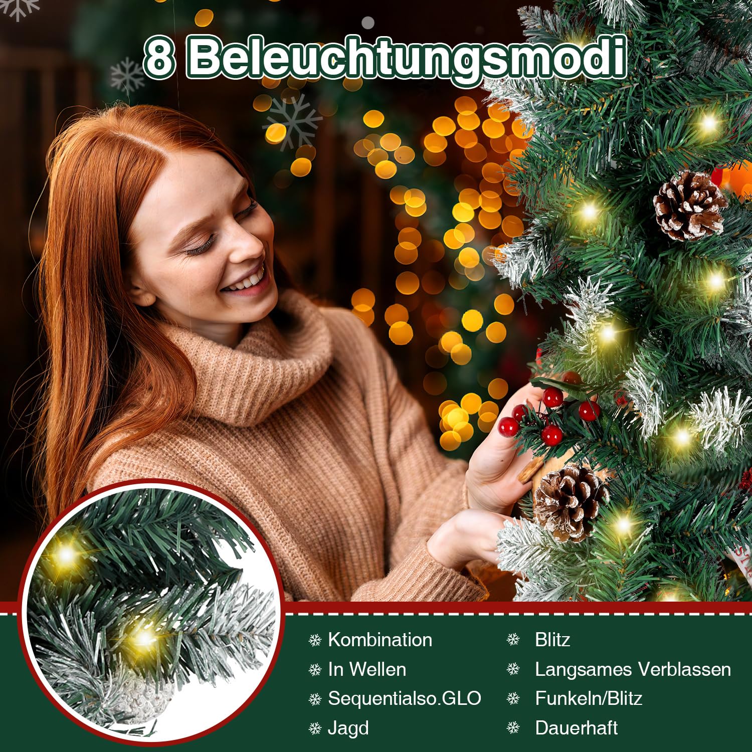 Weihnachtsgirlande mit Beleuchtung, 2er 2.7M Künstliche Tannengirlande inkl.Deko und Fernbedienung, Warmweiß LED Kette USB 8 Leuchtmodi, Weihnachtsdeko Weihnachten