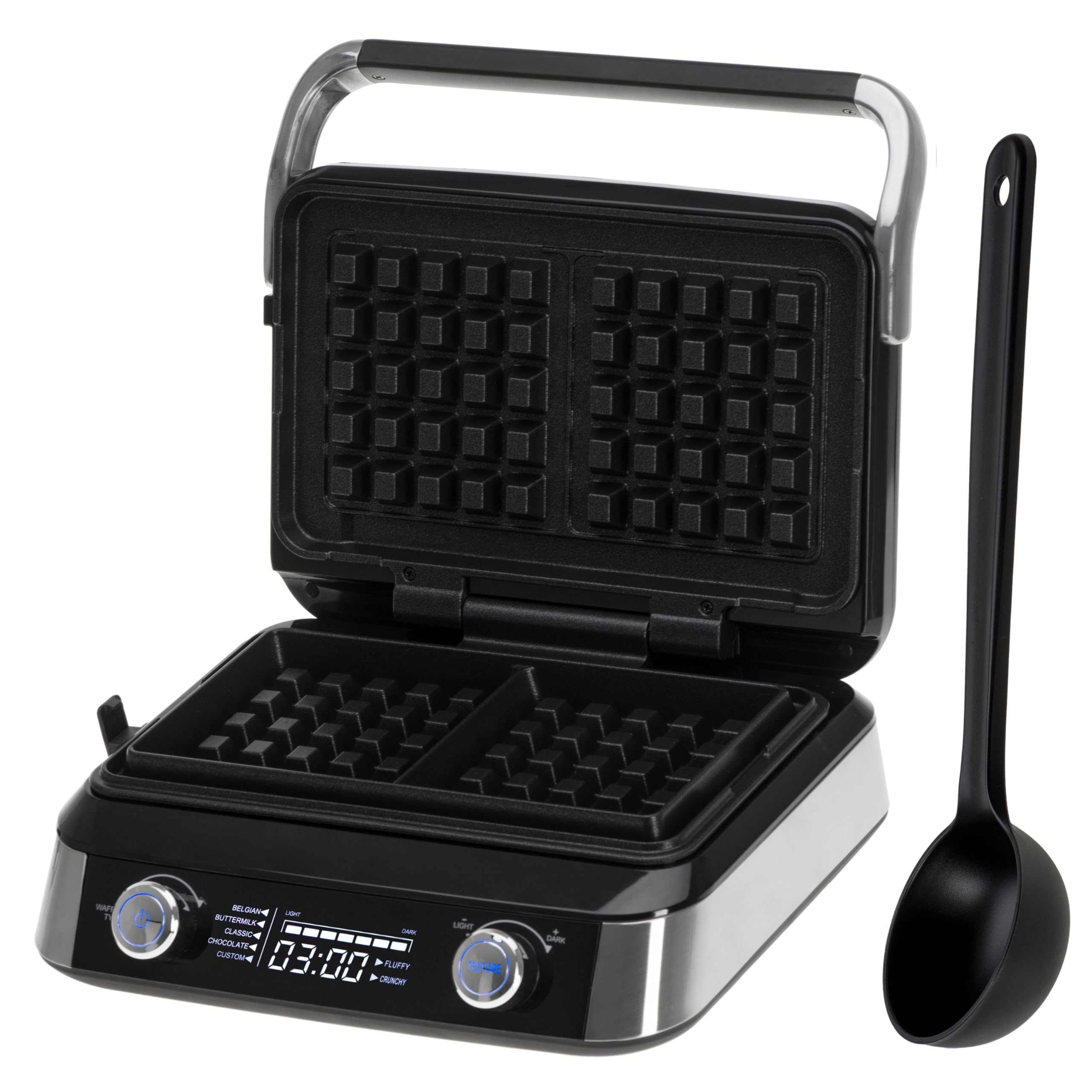 ADLER EUROPE Waffeleisen Belgische Waffel – Doppelwaffeleisen mit LCD Display – 2400W Waffelautomat für Butterwaffeln & Schokoladenwaffeln – 5 Programme, 7 Bräunungsstufen – Tief-Heizplatten 12x13x2cm