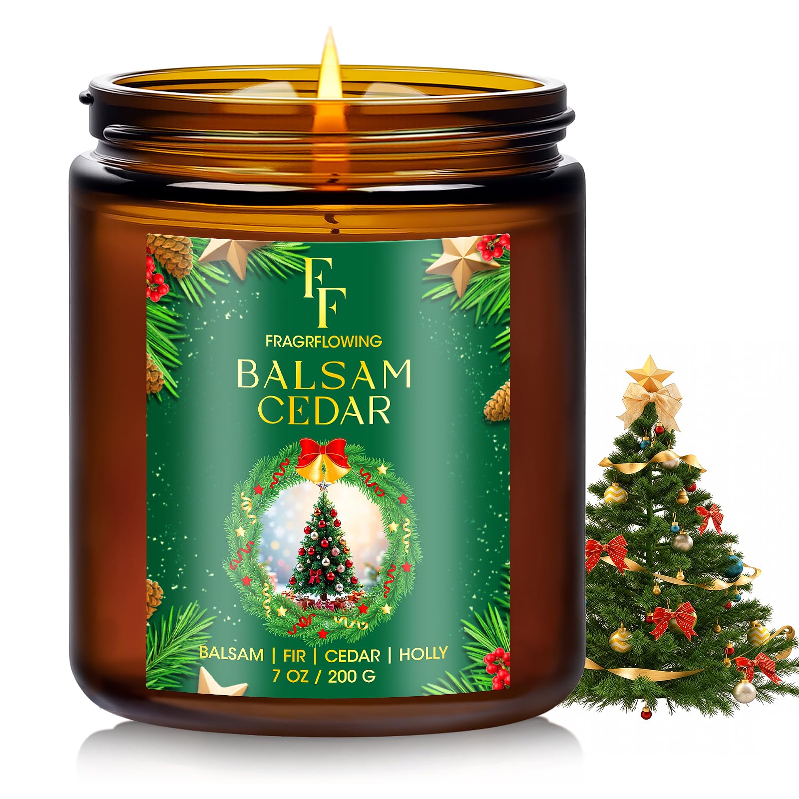 Christmas Candle, Balsam Cedar Scented Candles for Home, Holiday Candles Natural Soy Candle, Aromatherapy Candle 7 oz Jar Candles Christmas Gift for Women Men