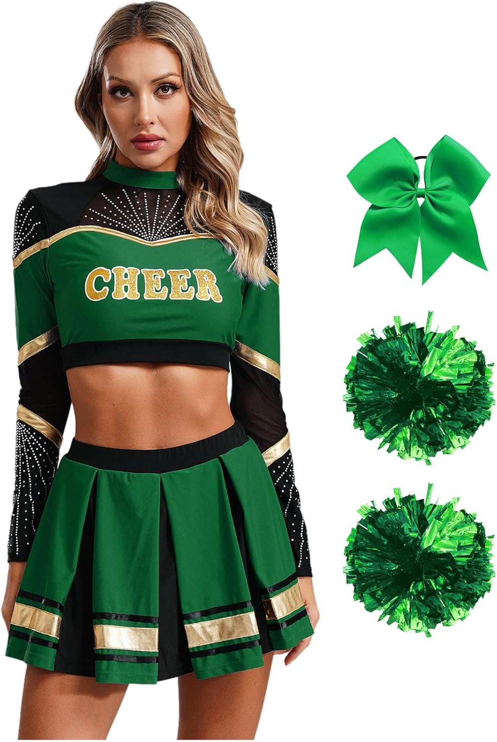 Women's Cheerleading Performance Dance Outfit Mock Neck Rhinestones Crop Top Skirt Set Green Medium