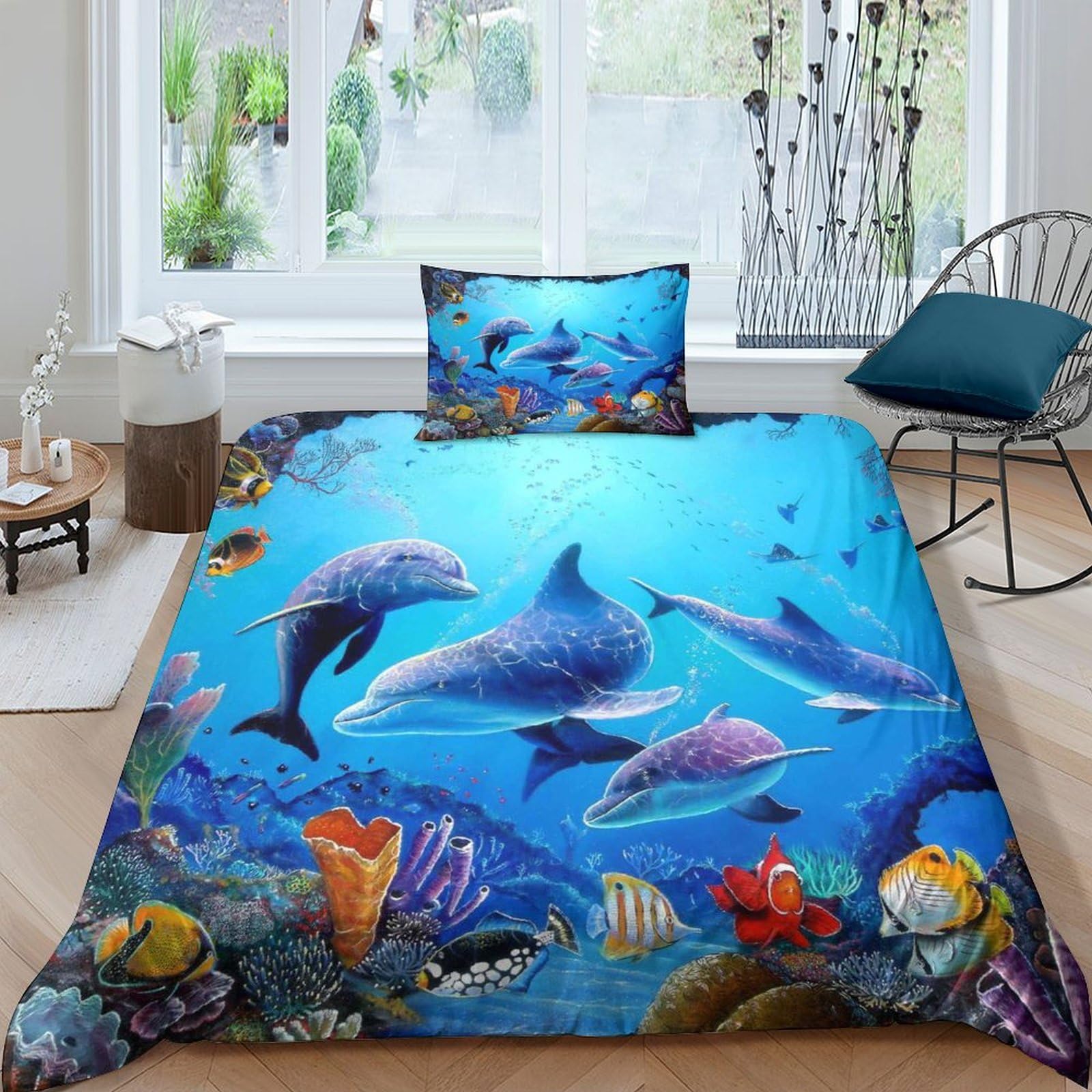 Housse de couette dauphin 135x200 cm avec 2 taies d'oreiller en microfibre pour lit simple