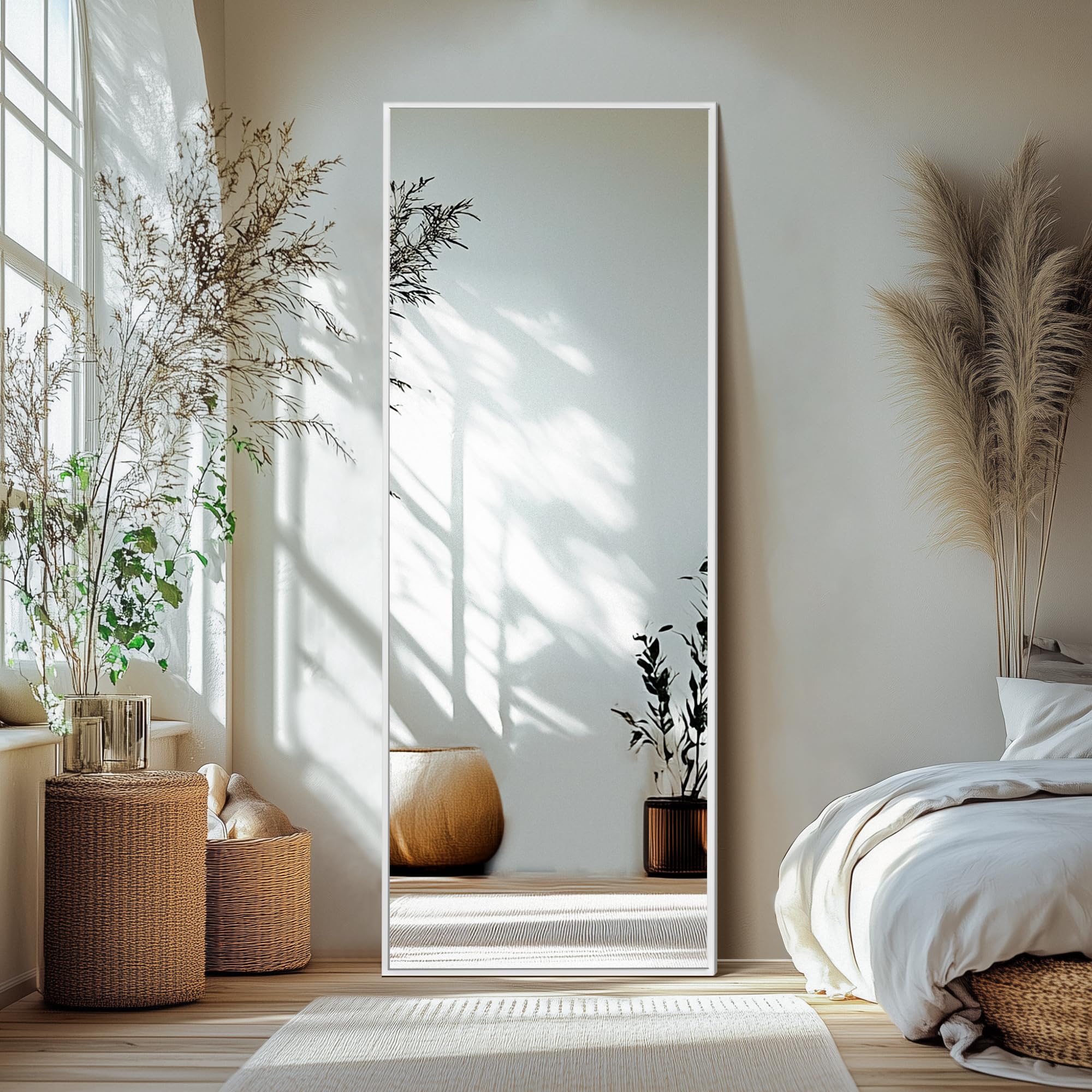 delma full length mirror,large floor mirror with aluminum frame for bedroom, bathroom, living room,wall mount or freestanding design(with stand,rect 69x24-silver)