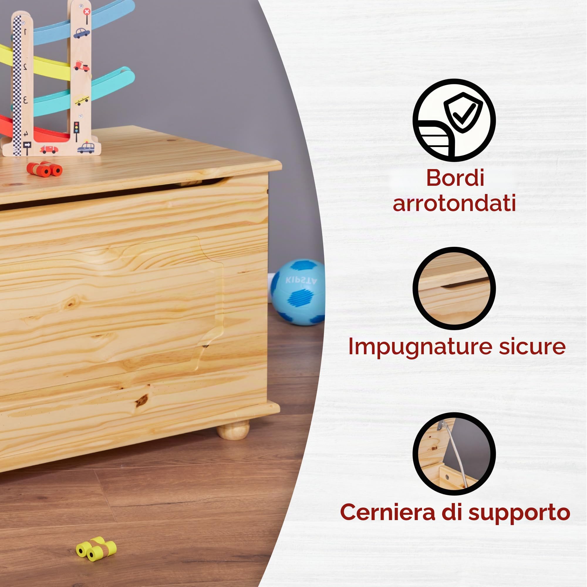 Inter Link Cassapanca per giocattoli in legno massiccio Baule portaoggetti in legno Cassapanca portaoggetti Panca portaoggetti con coperchio a cerniera Laccato naturale Emel