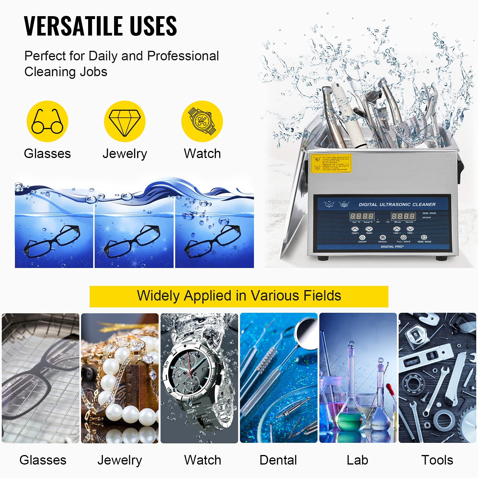VEVOR Pulitore ad Ultrasuoni 6L Pulitore ad Ultrasuoni Professionale a Doppia Frequenza 28/40 KHZ Dispositivo di Pulizia Ultrasonica con Vasca in Acciaio Inox per Gioielli Occhiali Orologio Dentino