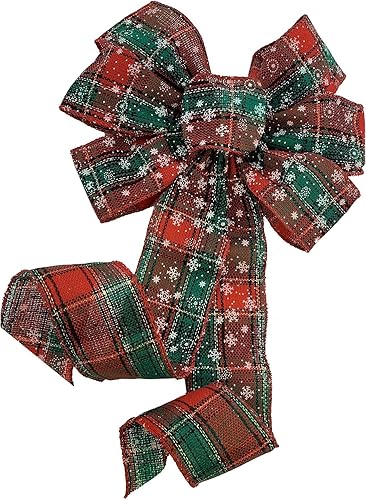 Arco de corona de Navidad a cuadros de copo de nieve, 10 pulgadas de ancho, lazo preatado de 18 pulgadas de largo, decoración de puerta, canasta de