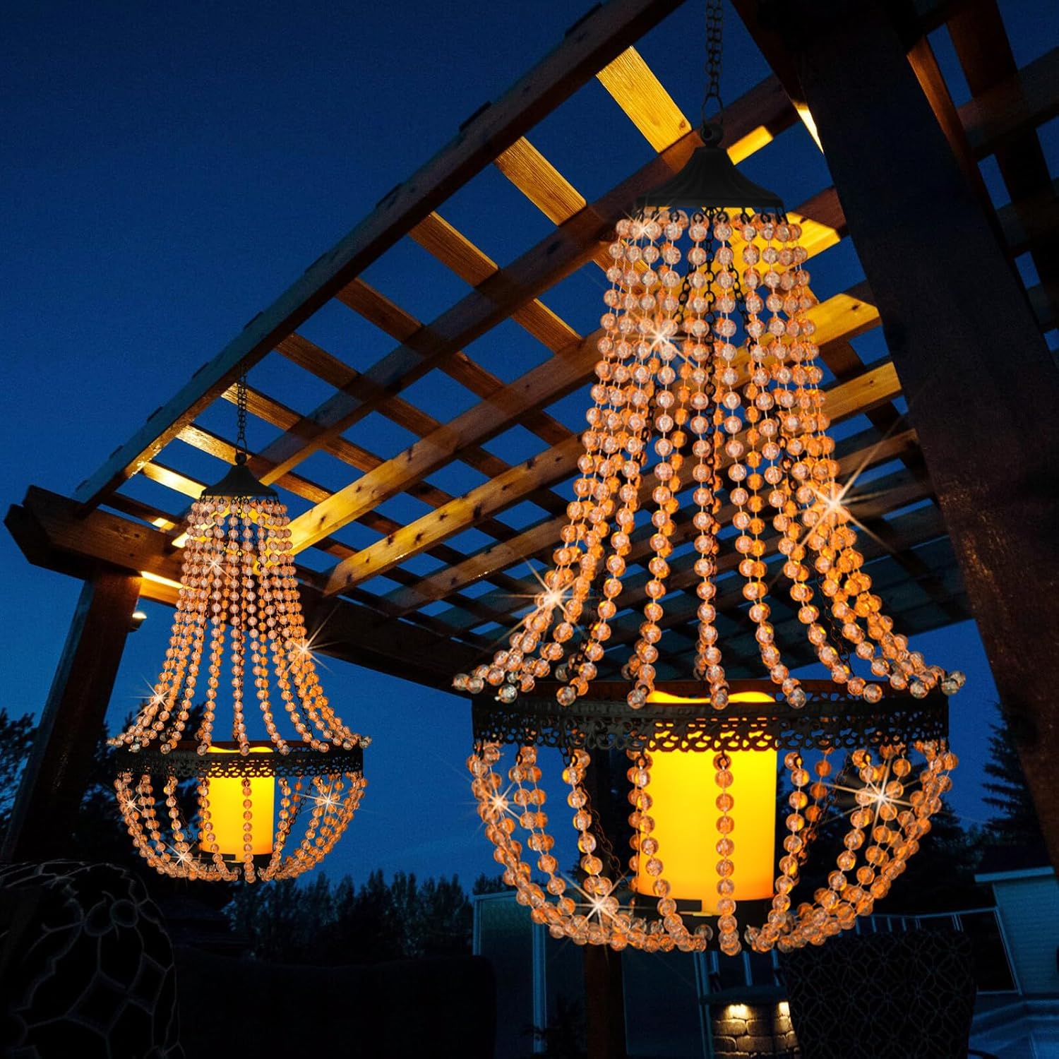 Hanging Candle Lantern Outdoor, 27” Battery Operated Modern Clear Acrylic Crystal Chandeliers with Flickering Yellow Led Candle Light S Hooks for Garden, Backyard, Gazebo, Room Indoor Indoor Decor