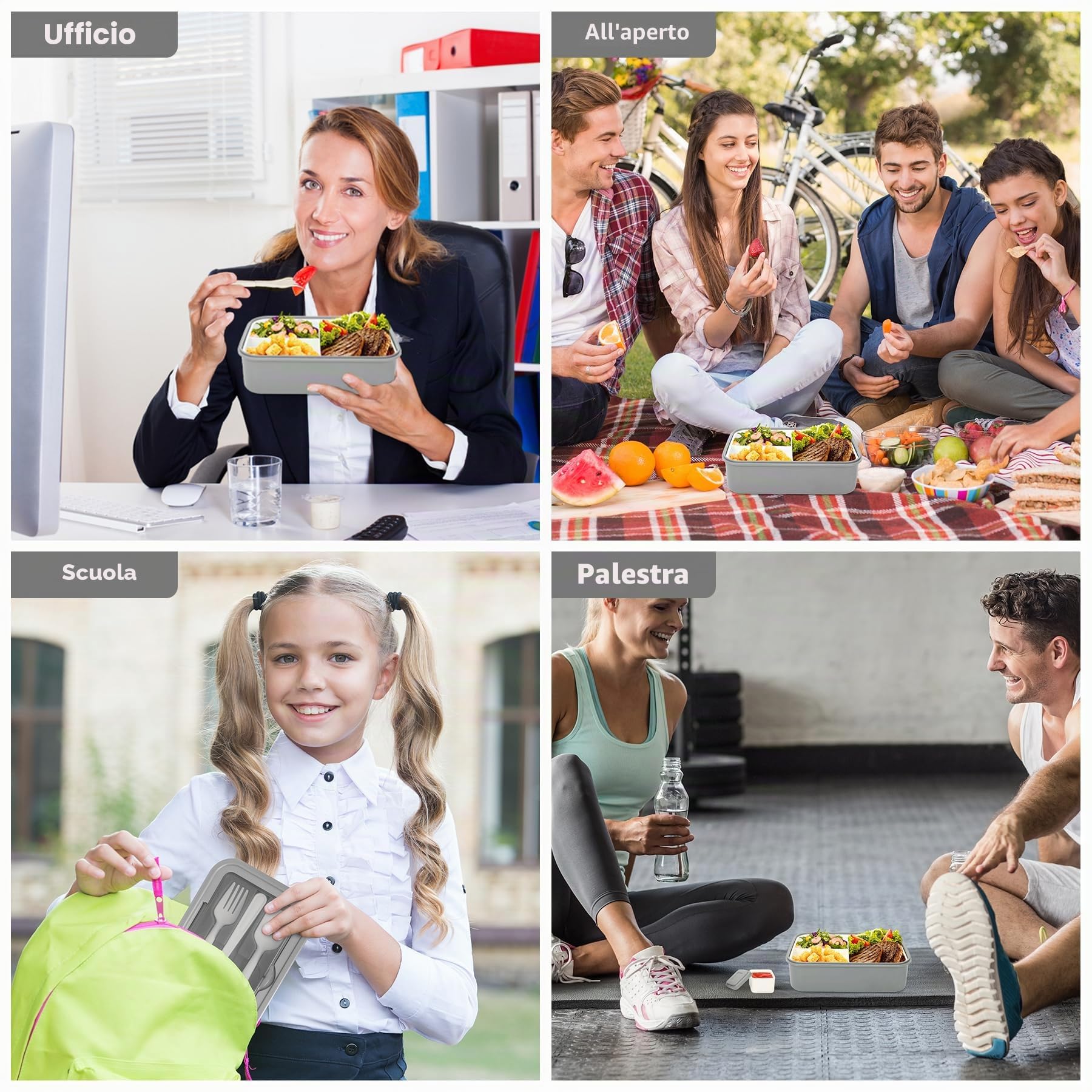 LUZOON Bento Lunch Box,1400ml Bento Box con 3 Scomparti e Posate per Adulti, Porta Pranzo con Posate e Scatola Per Salse,Senza BPA,Sicuri per Microonde e Lavastoviglie (Grigio)