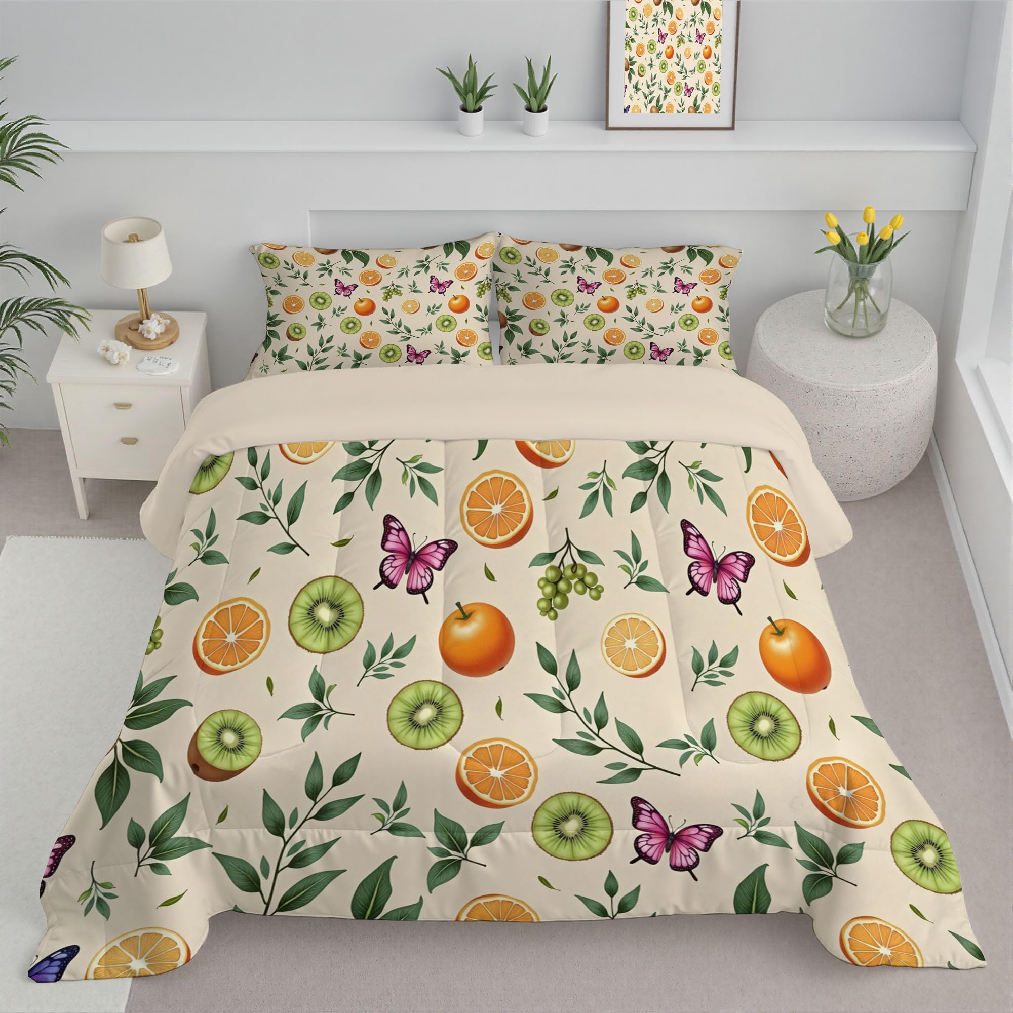 Couette 200x200 orange kiwi avec taies d'oreiller pour lit 2 personnes