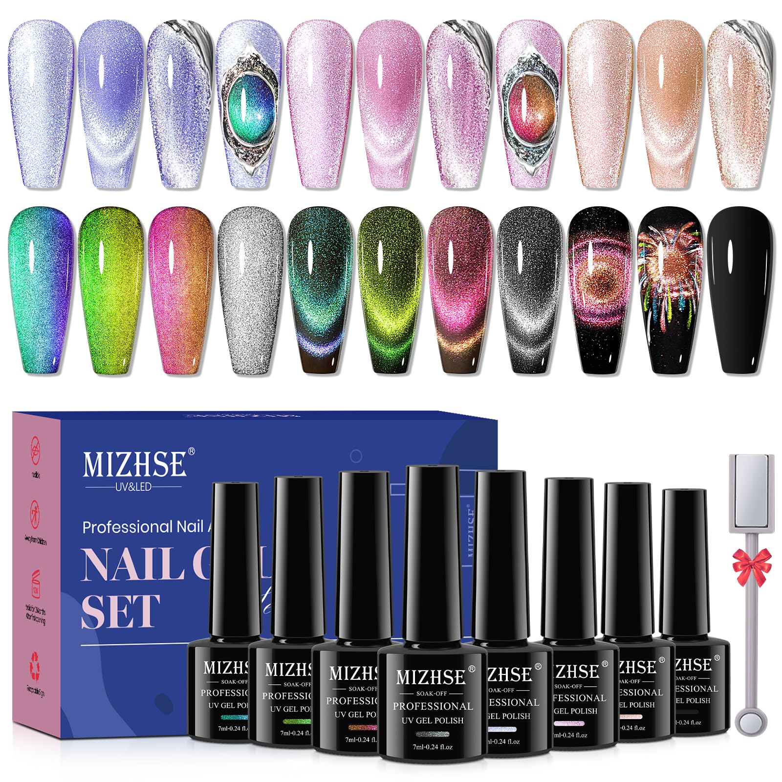 MIZHSE Cat Eye Gel Nail Polish Set 8 Colors with Magnet Stick: 9D Cat Eye Gel Polish and Shiny Wide Cat Eye Gel Set, Classic Holographic Glitter
