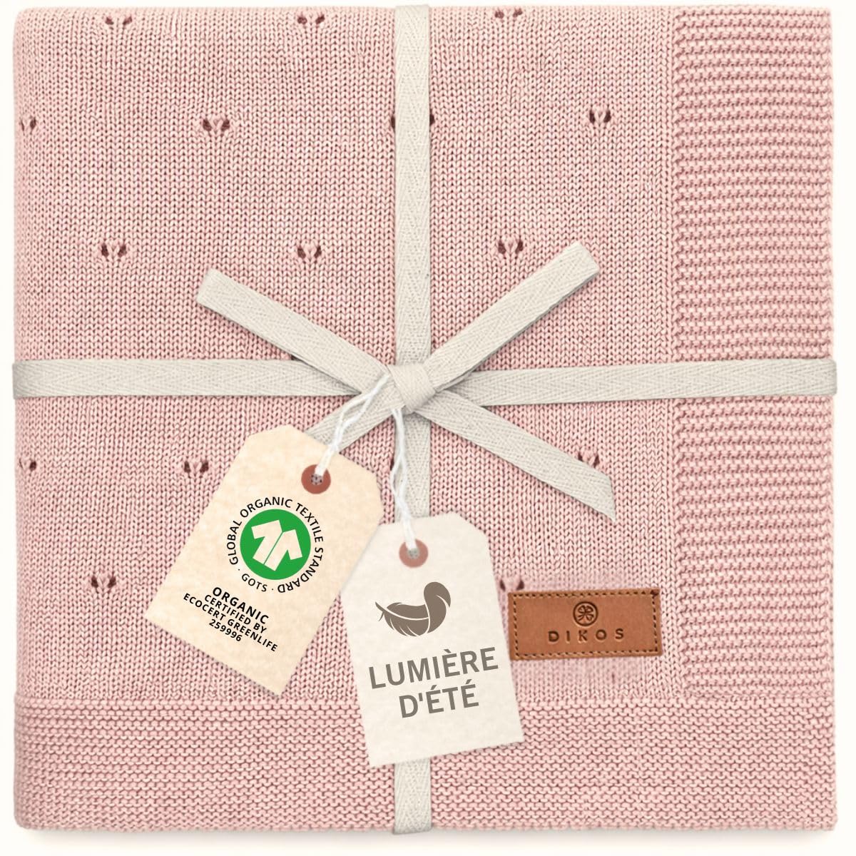 DIKOS Couverture Bébé Fille Été 75×100 cm en Coton Bio Fin (GOTS & Oeko-TEX® 100) – Couverture Tricotée Respirante et Légère pour Nouveau-né, Cadeau de Naissance (Vieux Rose)