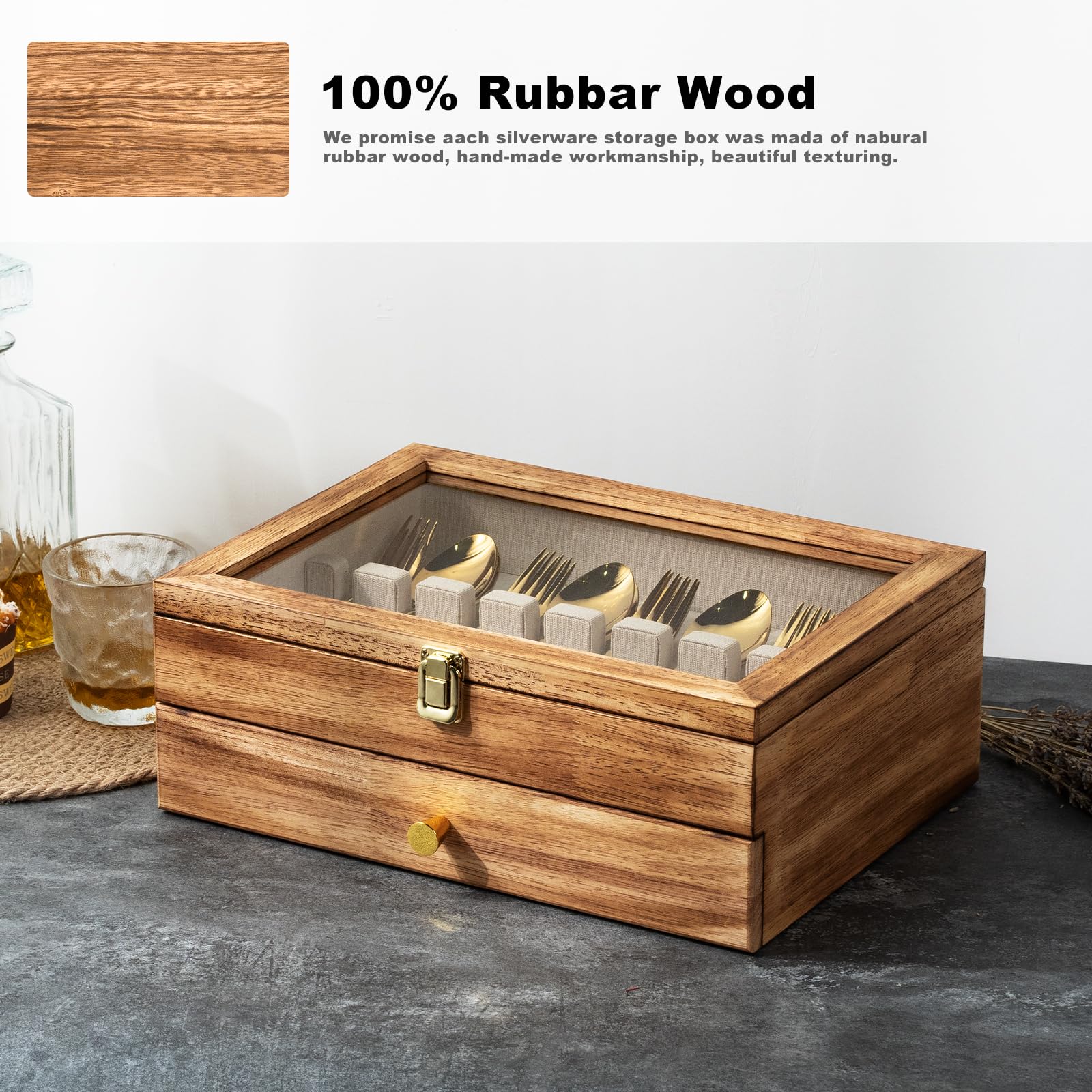 Caja de cubiertos premium con tapa de cristal, organizador de cubiertos de madera maciza de 2 capas con cajón, estilo elegante y decorativo, marrón, 14.5 x 10.6 x 5.3 pulgadas