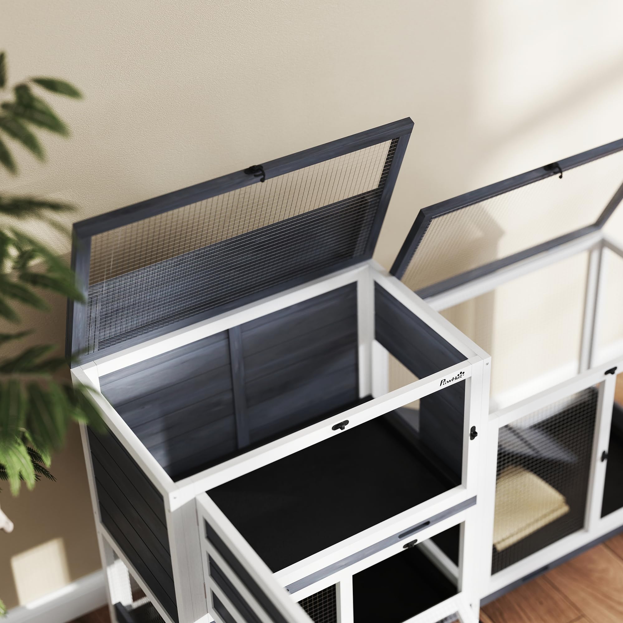 PawHut Conigliera da Interno a 2 Livelli, Gabbia per 2-3 Conigli con 6 Ruote, Rampa, Tetto Apribile, Area Aperta e 3 Vassoi, Cassetta per Conigli in Legno di Abete, 147x45x89.5 cm, Grigio