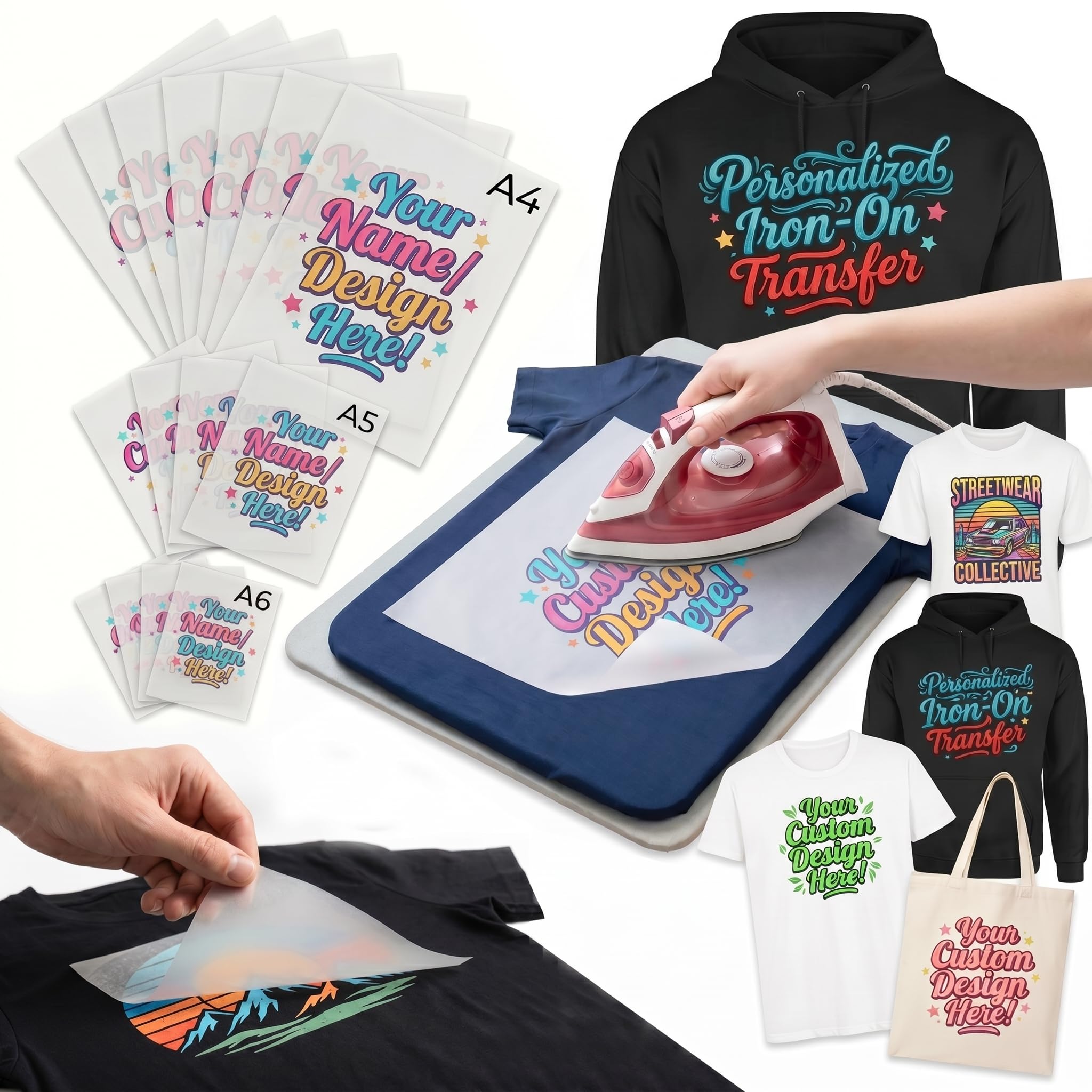 Personalised Iron-On Transfer Name Labels for Clothes & School Items | Custom DTF Stickers | Ideal for T-Shirts, Hoodies, Bags & Business Branding | A4,A5,A6 (A4)