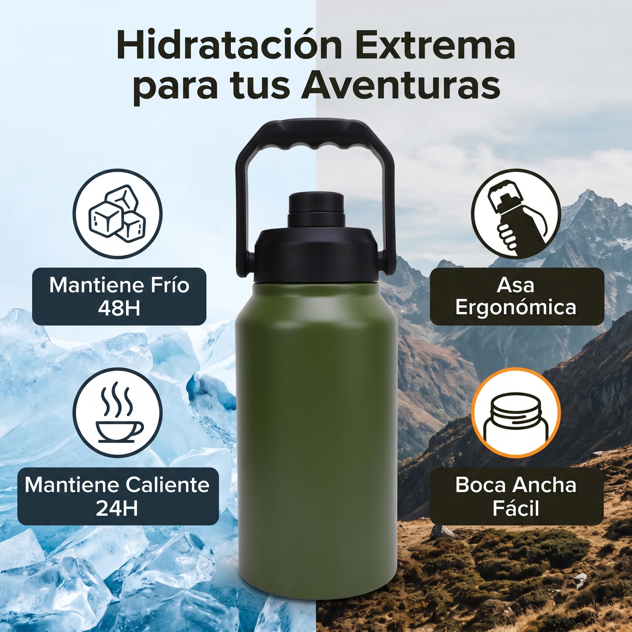 Botella termo aislada de 3L, termo al vacío de acero inoxidable con asa, mantiene las bebidas frías 48 horas y calientes 24 horas para gimnasio de fitness camping al aire libre