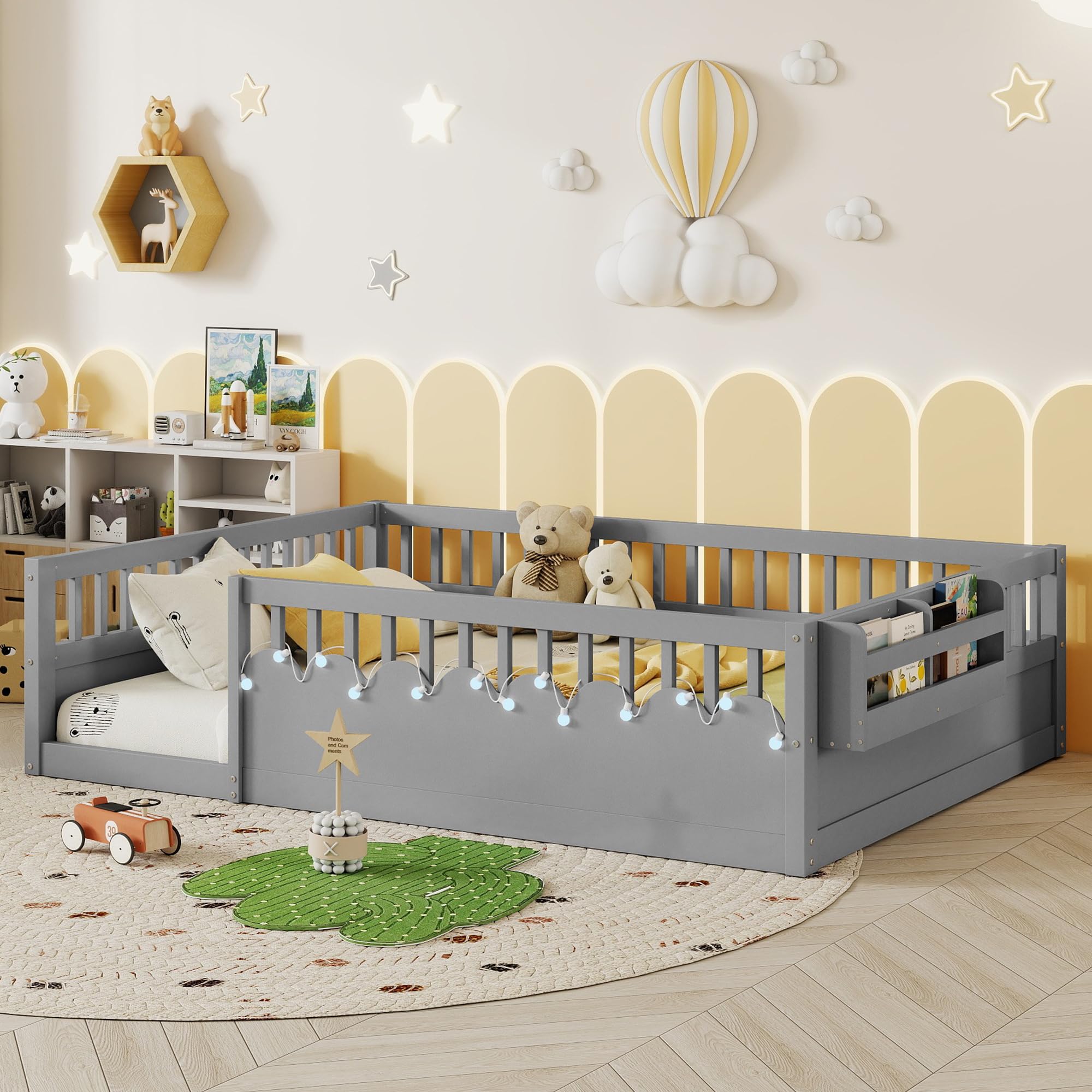 Montessori Floor Bed with High Rails,Full Size Floor Bed Frame for Kids, LED Lights & Storage Shelf, Safe & Wider Opening Gate Design, Playground & Sleep Space for Girls Boys,Grey