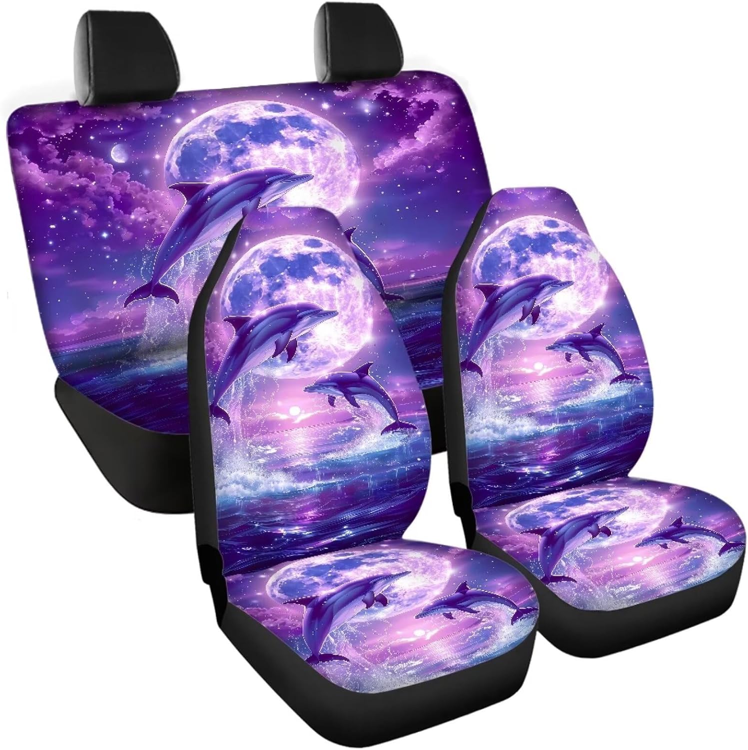 Dolphin Moon Car Seat Cover Full Set of 4 Front and Split Bench Rear Seat Protection, Vehicle Interior Accessories Universal Fit Most Automobile