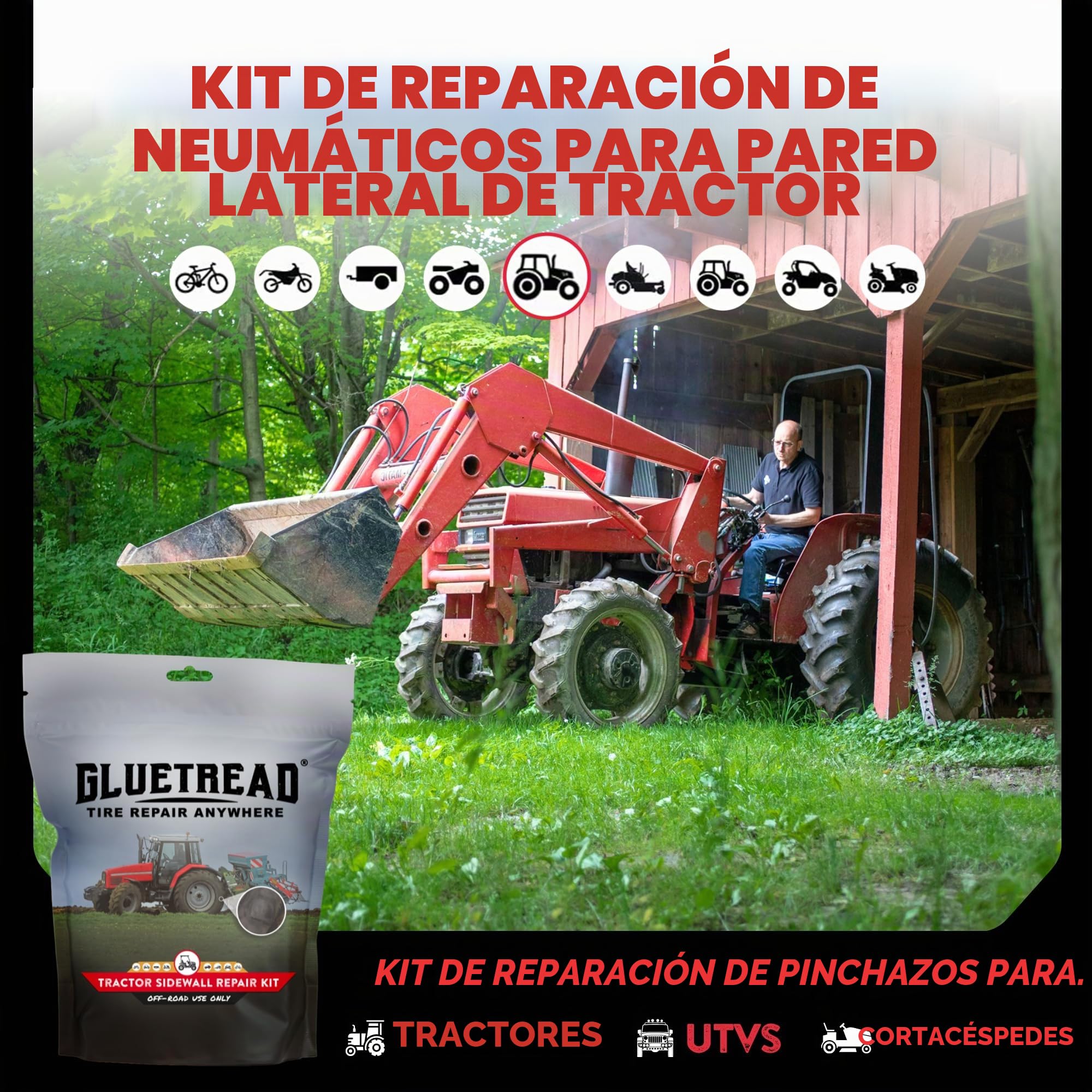 GlueTread Kit de reparación de neumáticos de Pared Lateral para Tractor | Reparación de pinchazos Todoterreno en Cualquier Lugar sin Necesidad de Quitar el neumático, Suficiente Material para