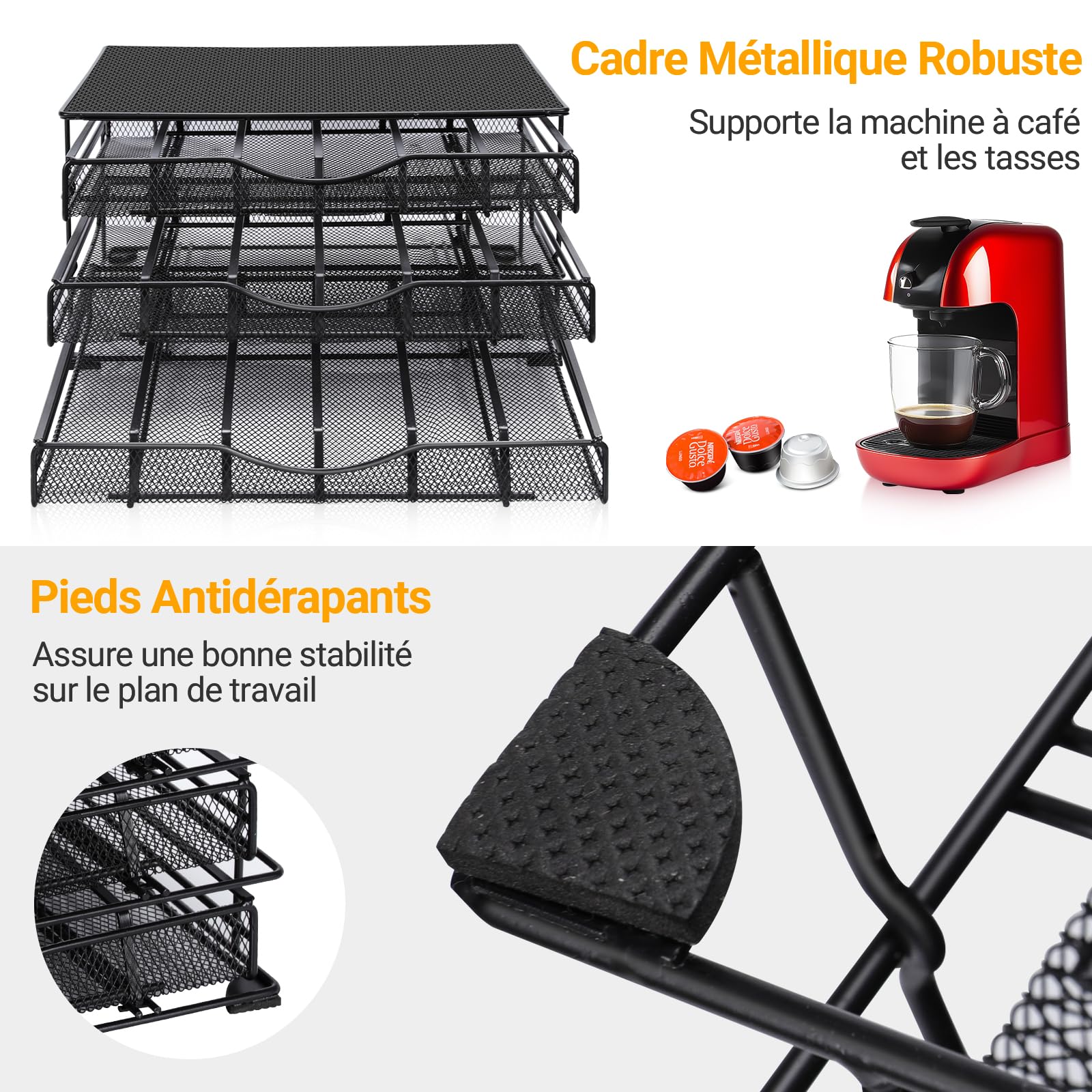 MASTERTOP Tiroir à Capsules pour Dolce Gusto 108 PCs, 3 Tiroirs de Rangement Dosettes avec Support Machine à Café, Distributeur Capsules de Grande Capacité avec Surface Anti-Vibration - Maison, Bureau