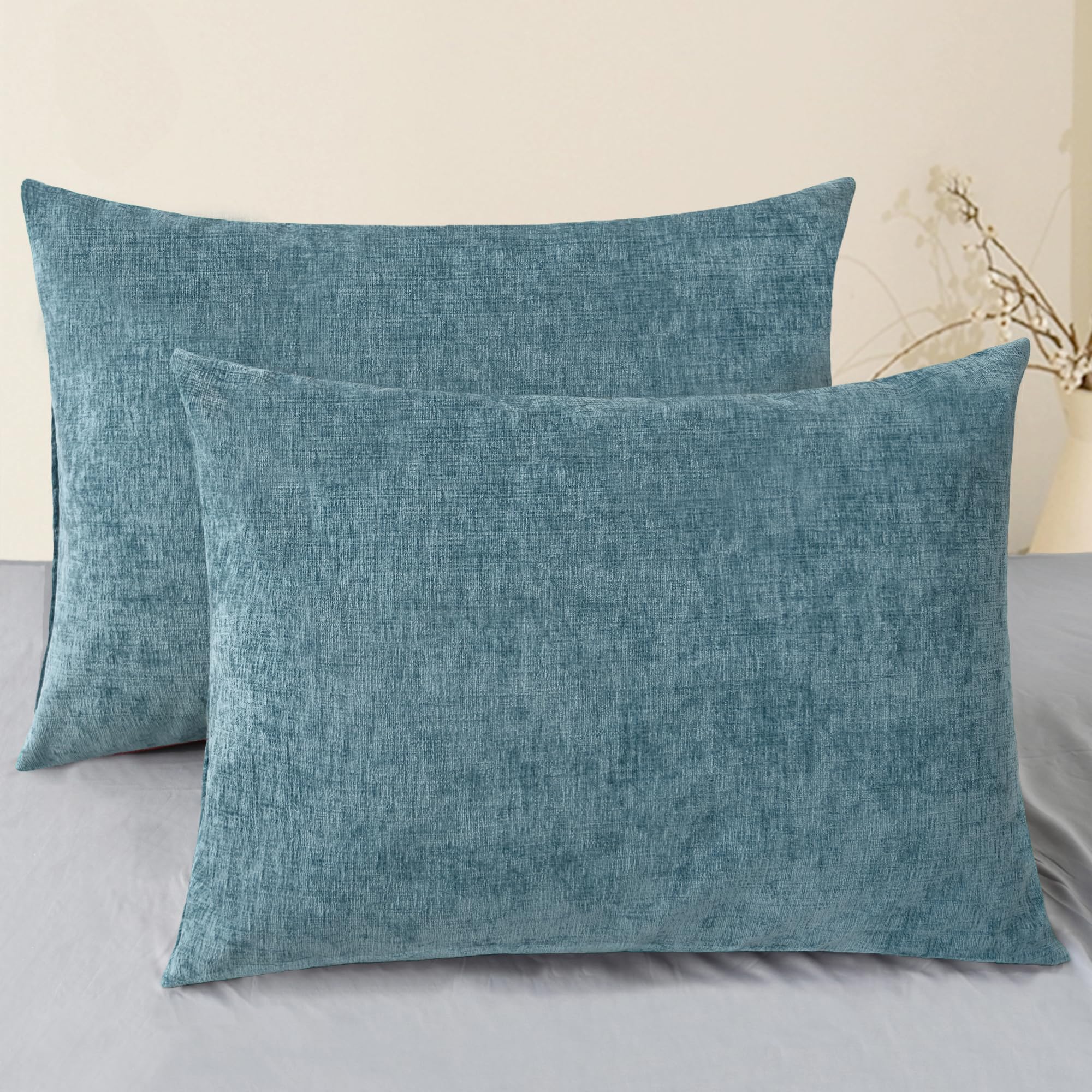 CaliTime Pack of 2 Cozy Standard Pillow Shams Cases for Bed Bedding Decoration Solid Dyed Soft Chenille 50cm x 66cm Smoke Blue โ image 1