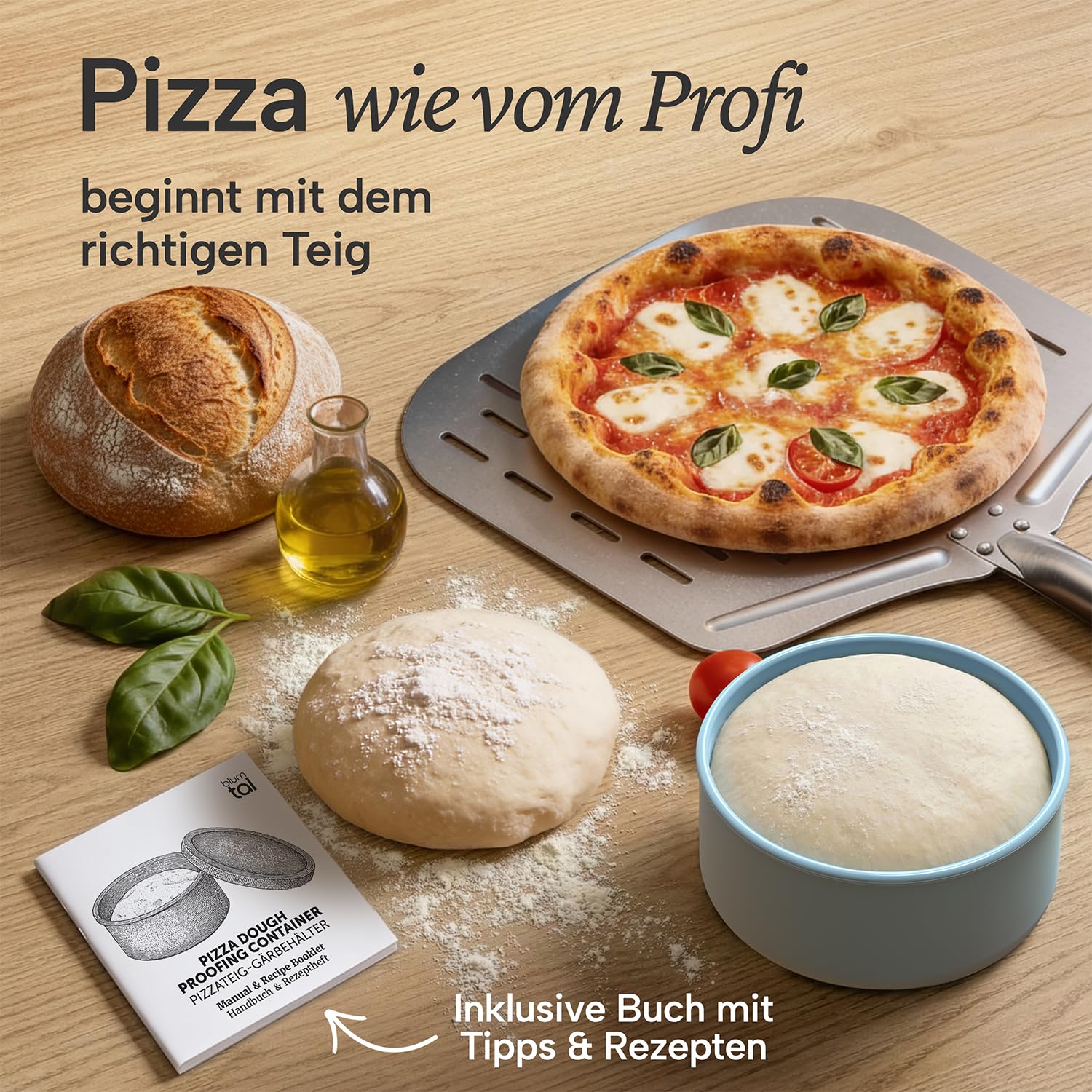 Blumtal Pizzaballenbox mit Deckel 4er Set - BPA-freie Pizza Ballenbox Silikon 14,5x6,5cm - antihaftende Pizza Box für optimale Gärung - Gärbox - Teigballenbox - Pizzabox - Pizzateig Box - Set Blau
