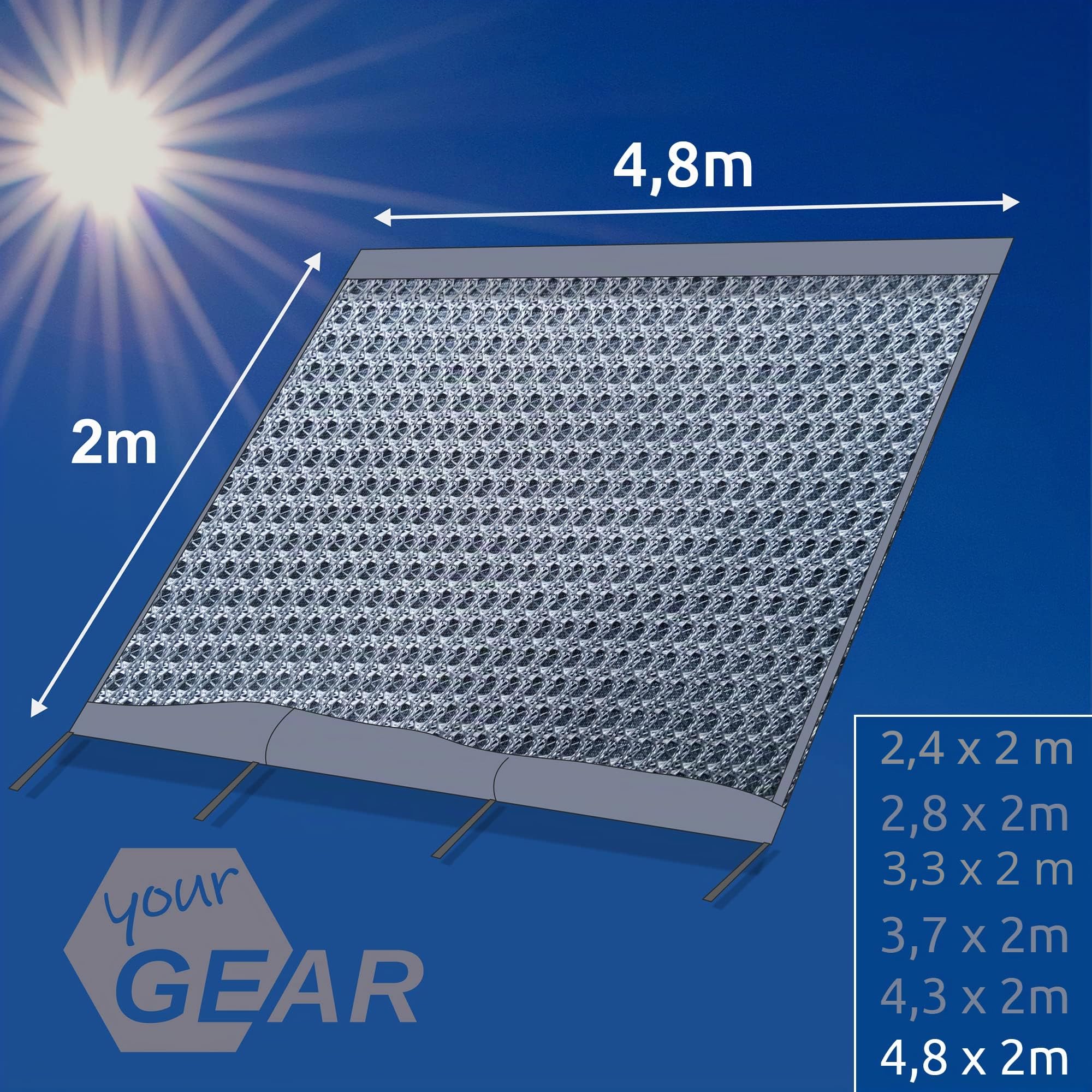 your GEAR Sun & Rain Blocker Paroi avant ou parois latérales pour store banne Différentes tailles Protection UPF 50+, colonne d'eau 5000 mm, 3 passepoil de Ø 4,3, 6,2 et 7 mm, largeurs de 240 à 480 cm