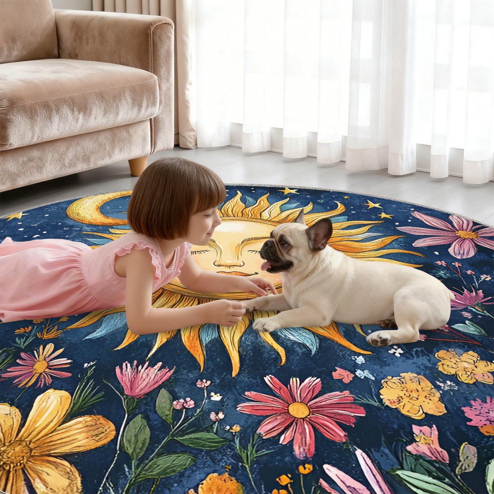 Sun Moon – Tapis rond à motif floral pour chambre à coucher, salon, œuvre d'art bohème pour enfants, tapis décoratif antidérapant, lavable, 1,5 m