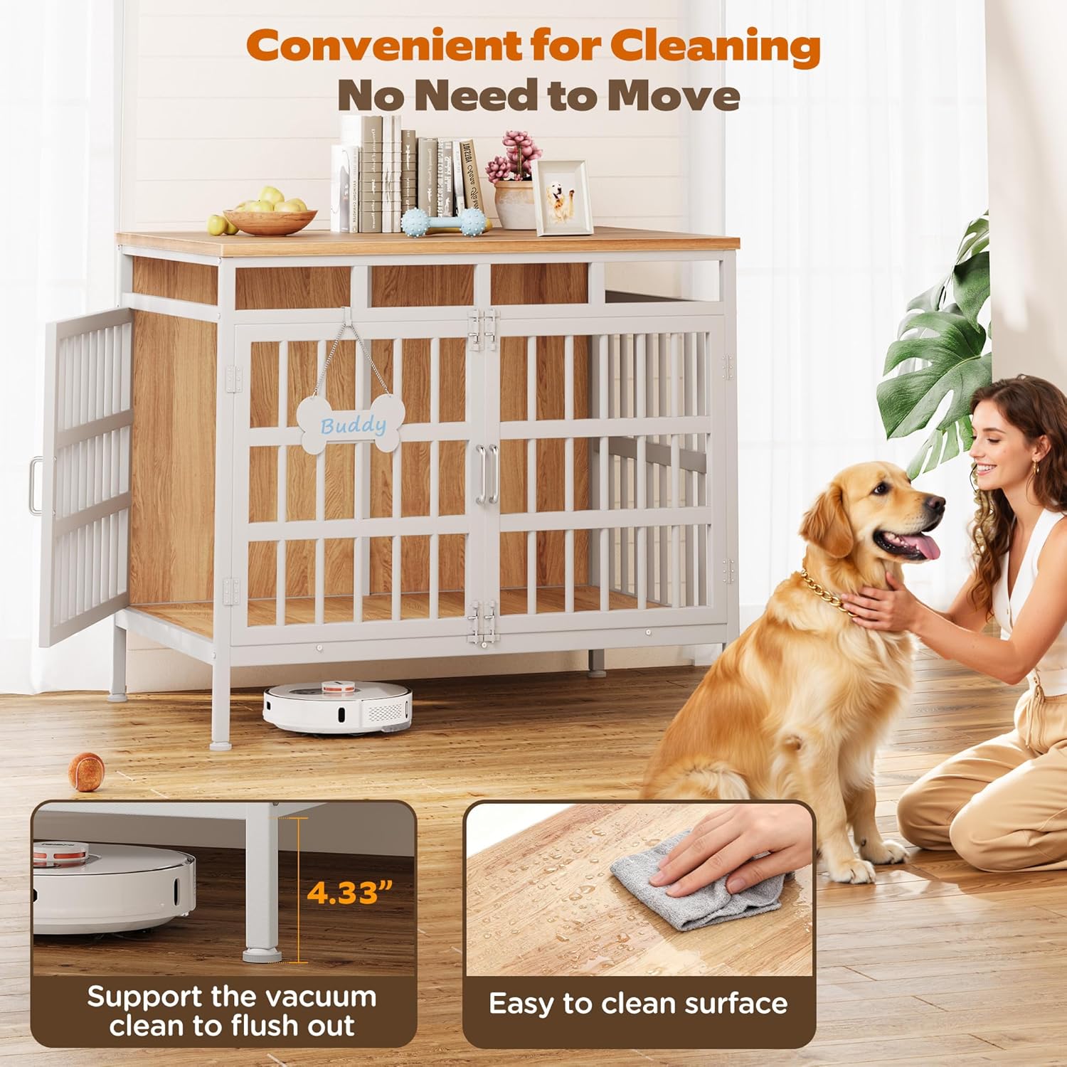 Large Dog Crate Furniture, Wooden Dog Kennel Furniture for Medium Large Dogs, Double-Doors Sturdy Metal Dog Cage for Anxiety Dog, Anti Escape Wooden Cage with Name Tag End Table, TV Stand Beige