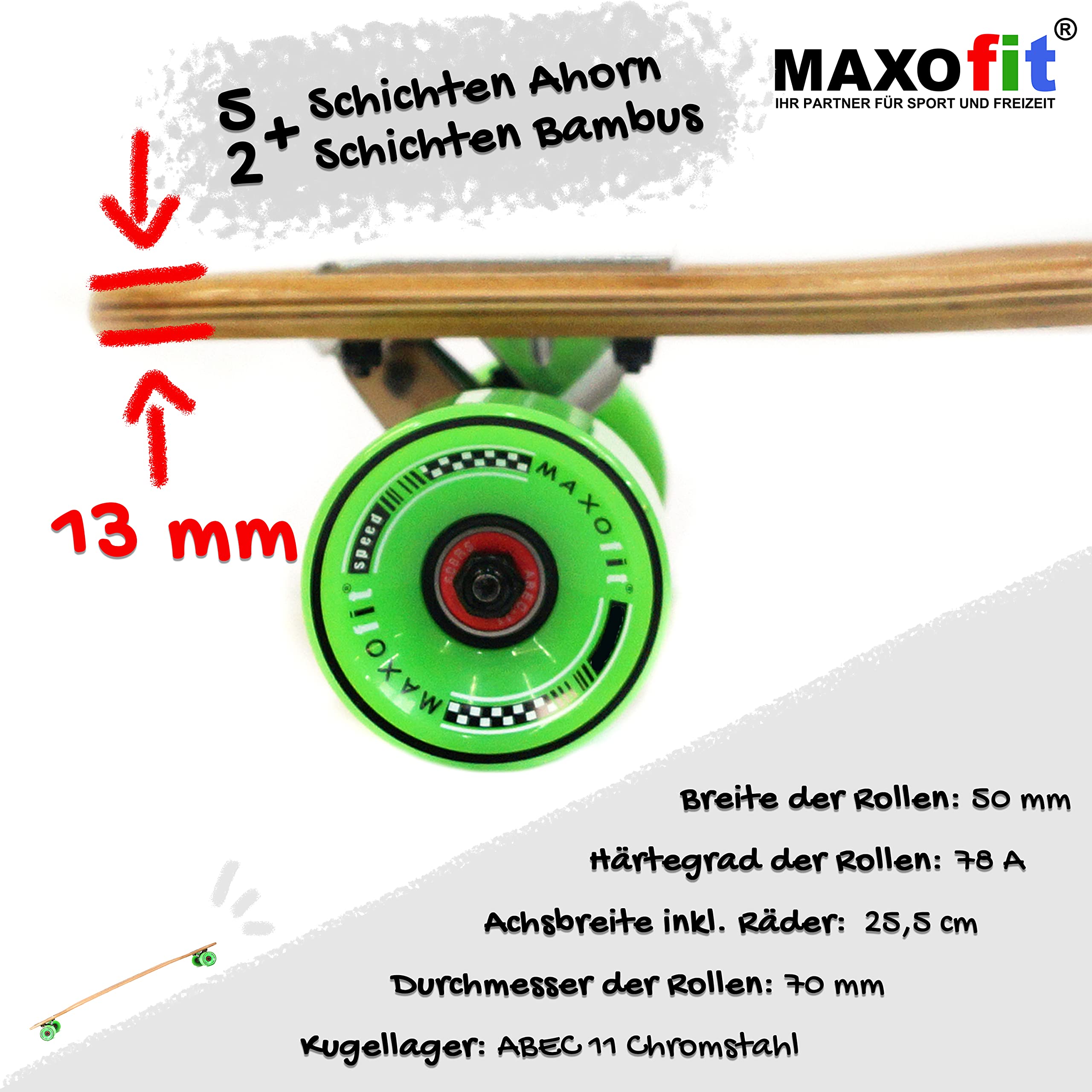 MAXOfit Longboard GeoLines Bambus/Ahorn No. 40 - Board mit flexiblem Deck & mittelweichen Rollen - Drop Through Achsen und Cut Outs für Wendigkeit und Stabilität