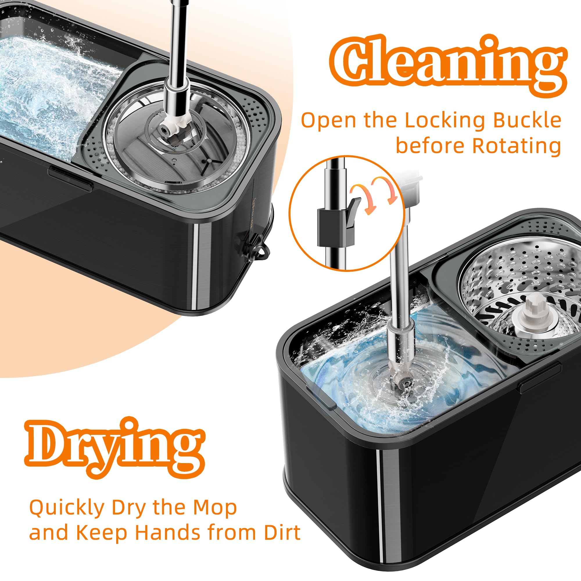 Juego de fregona giratoria y cubo, sistema de limpieza de piso giratorio de 360 grados con 4 recambios de cabezal de microfibra de repuesto, mango extensible de 53 pulgadas (negro)